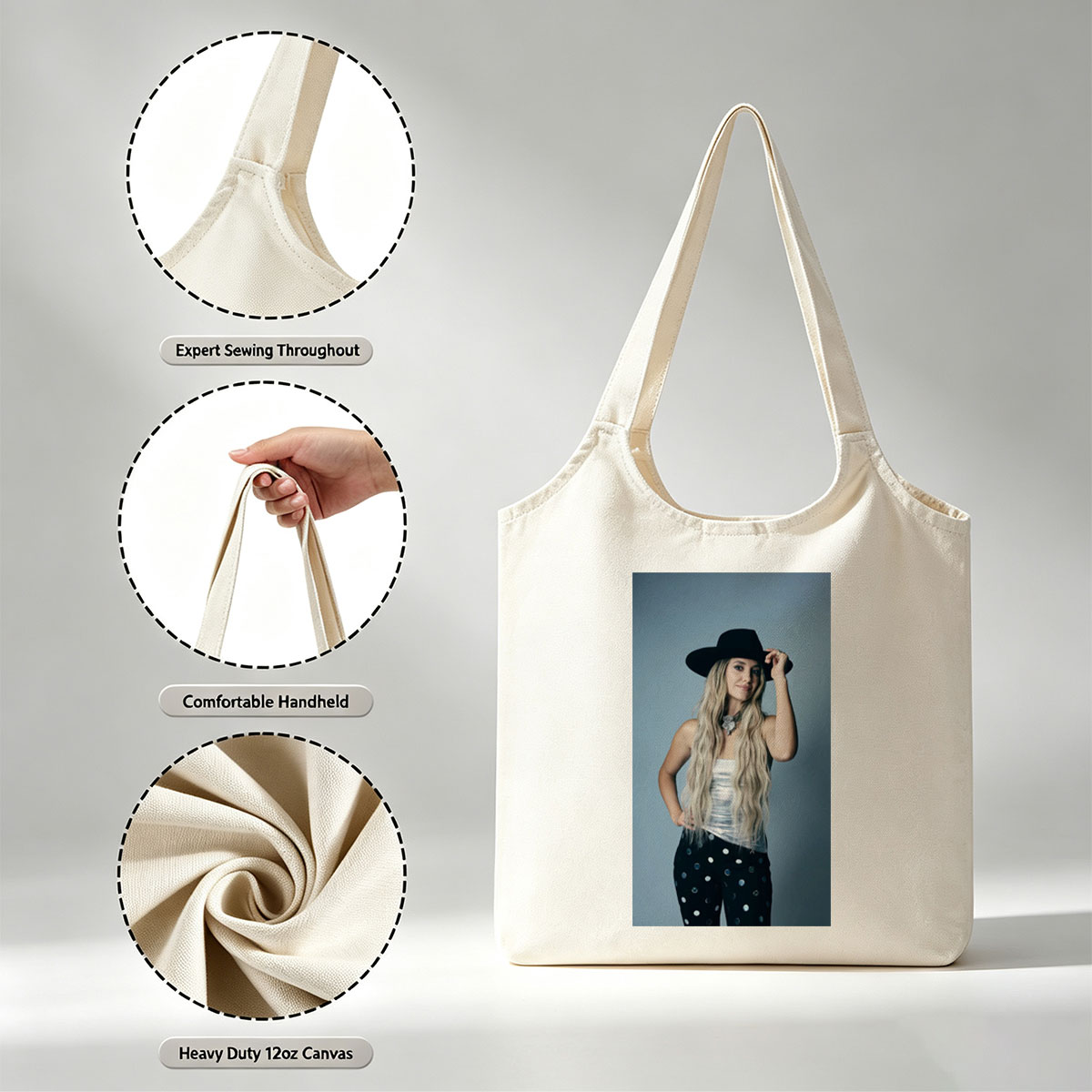 Shania Twain in a Stylish Pose Wearing a Black Hat and Polka Dot Pants - Canvas shoulder bags/
