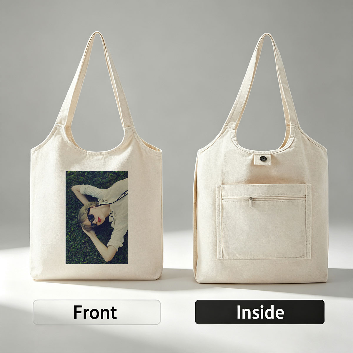 Taylor Swift Lying on Grass Wearing Sunglasses and Red Lipstick - Canvas shoulder bags/