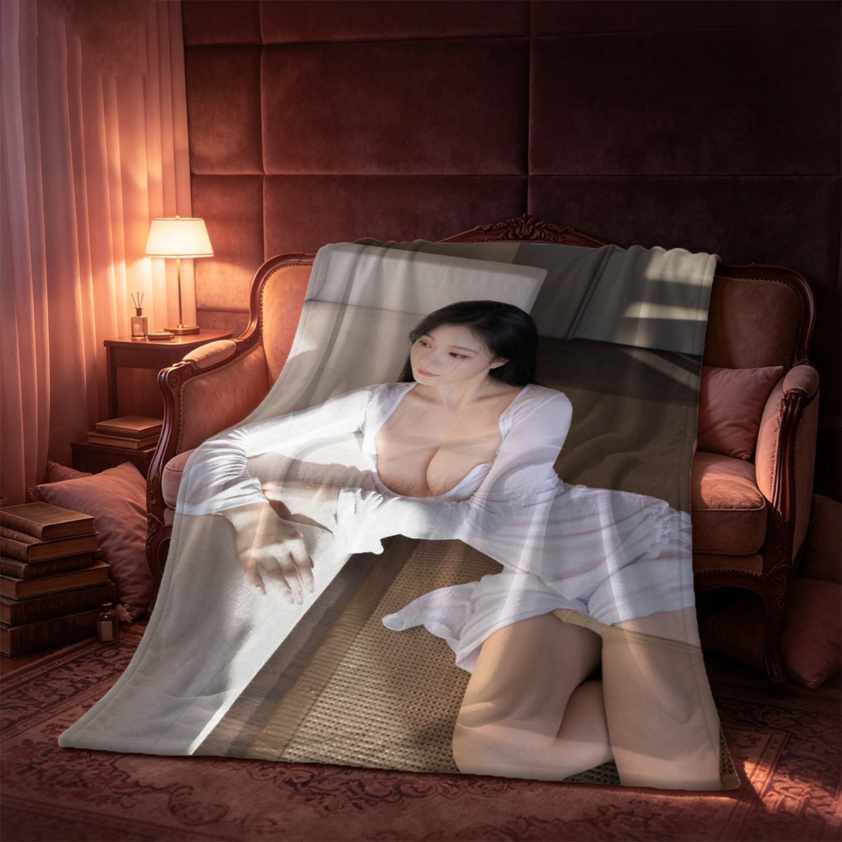 Nude Brunette on All Fours in Black Heels - Blanket