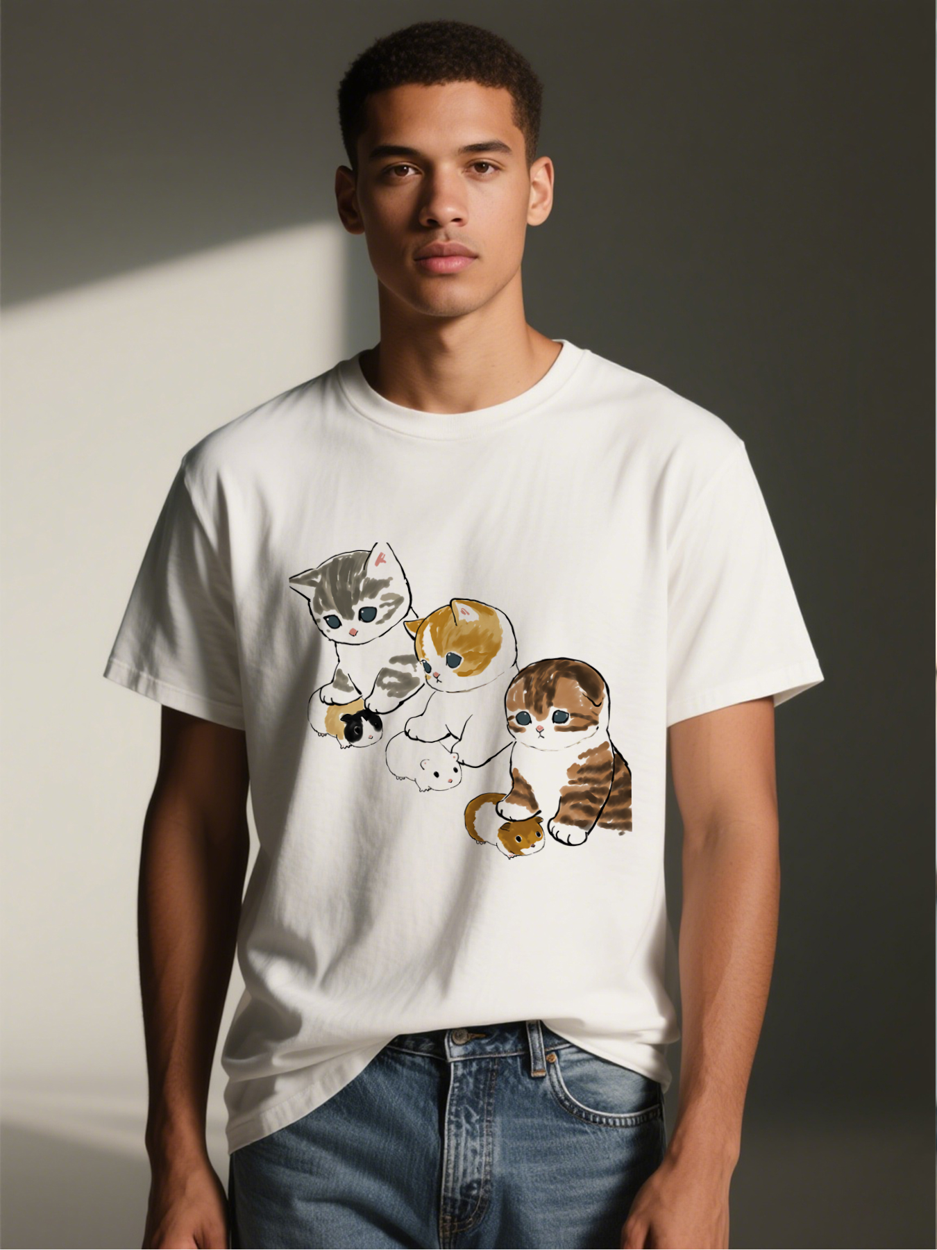 Men's Printed T-Shirt Featuring Cute Cartoon Cats with Expressive Eyes and Playful Design, Casual Round Neck Summer Lightweight Breathable Short Sleeve T-Shirt for Daily Wear, Outdoor Activities, and Pet Lovers