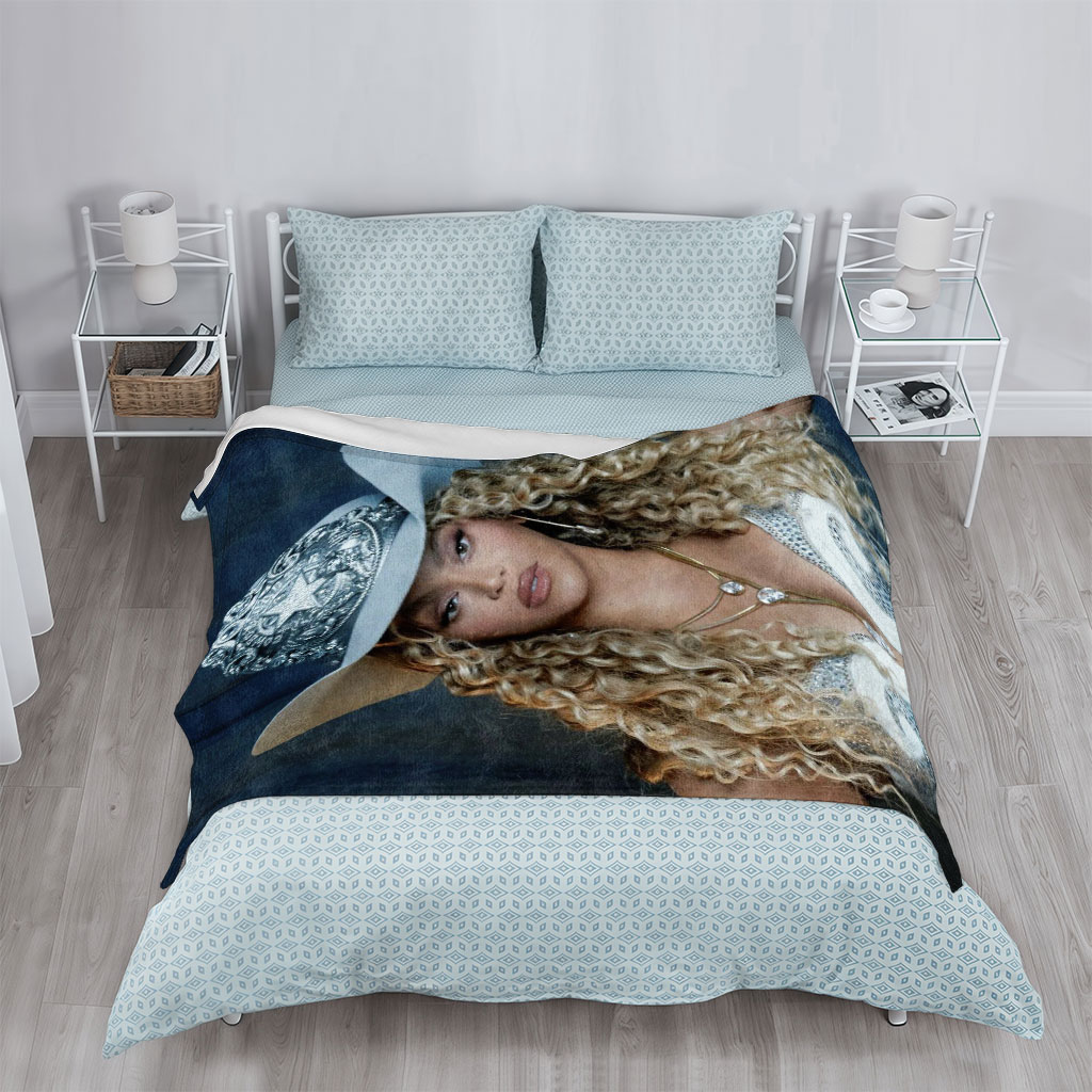 Beyonce in Cowboy Hat and Sparkling Outfit with Long Curly Hair - Blankets