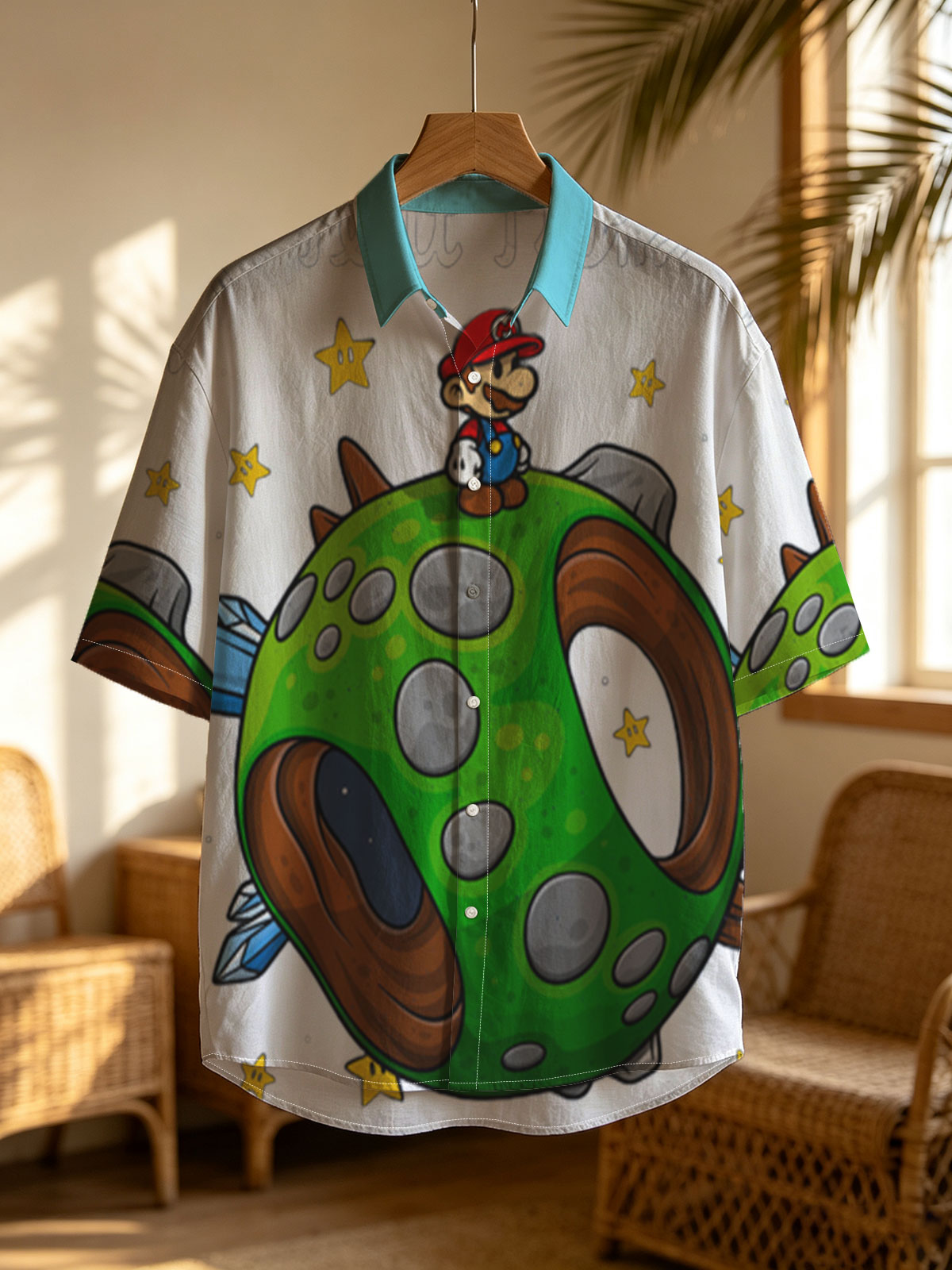 Mario on a Green Planet in Space with Stars and 