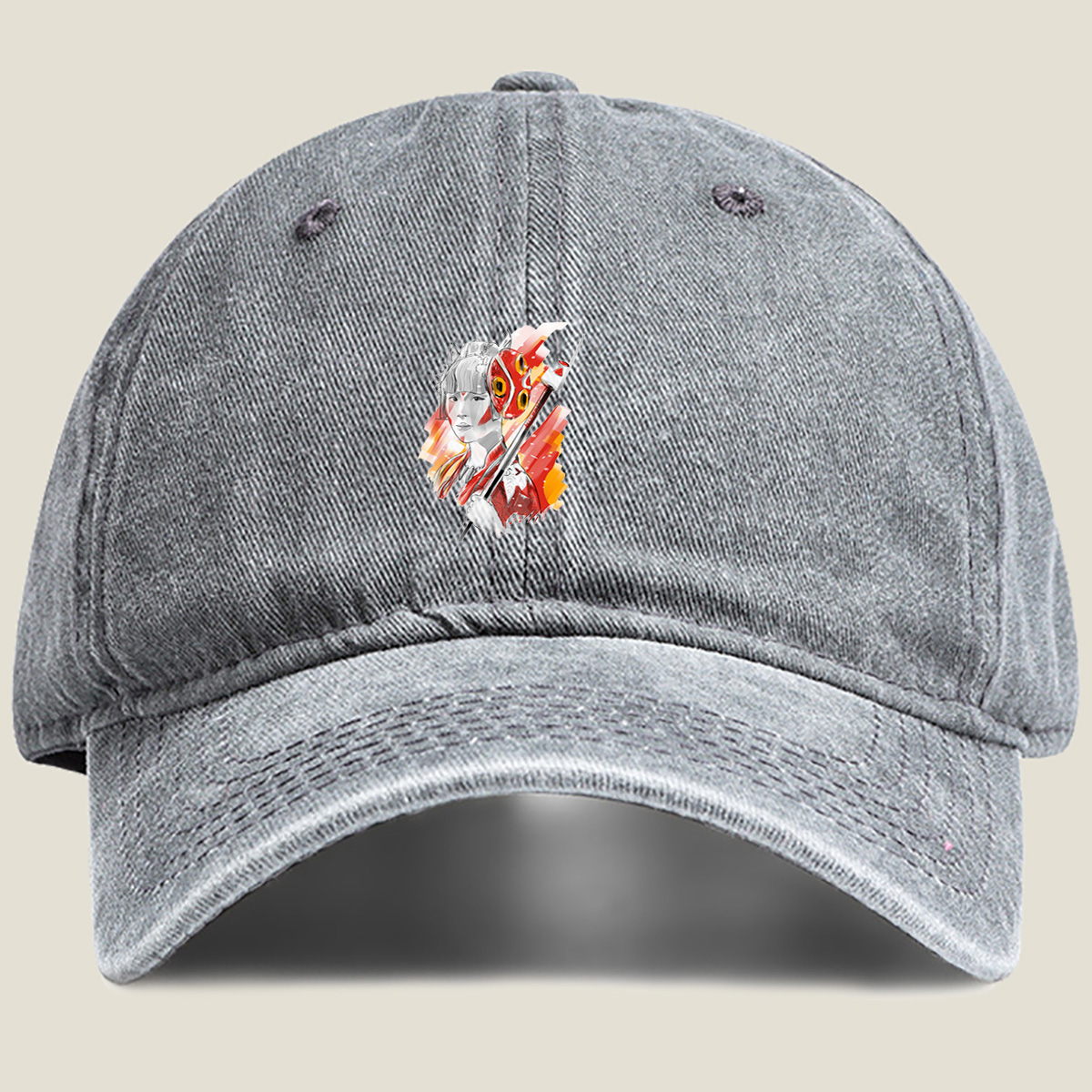 Samurai Girl with Red Mask and Spear - Washed Denim - Baseball Cap