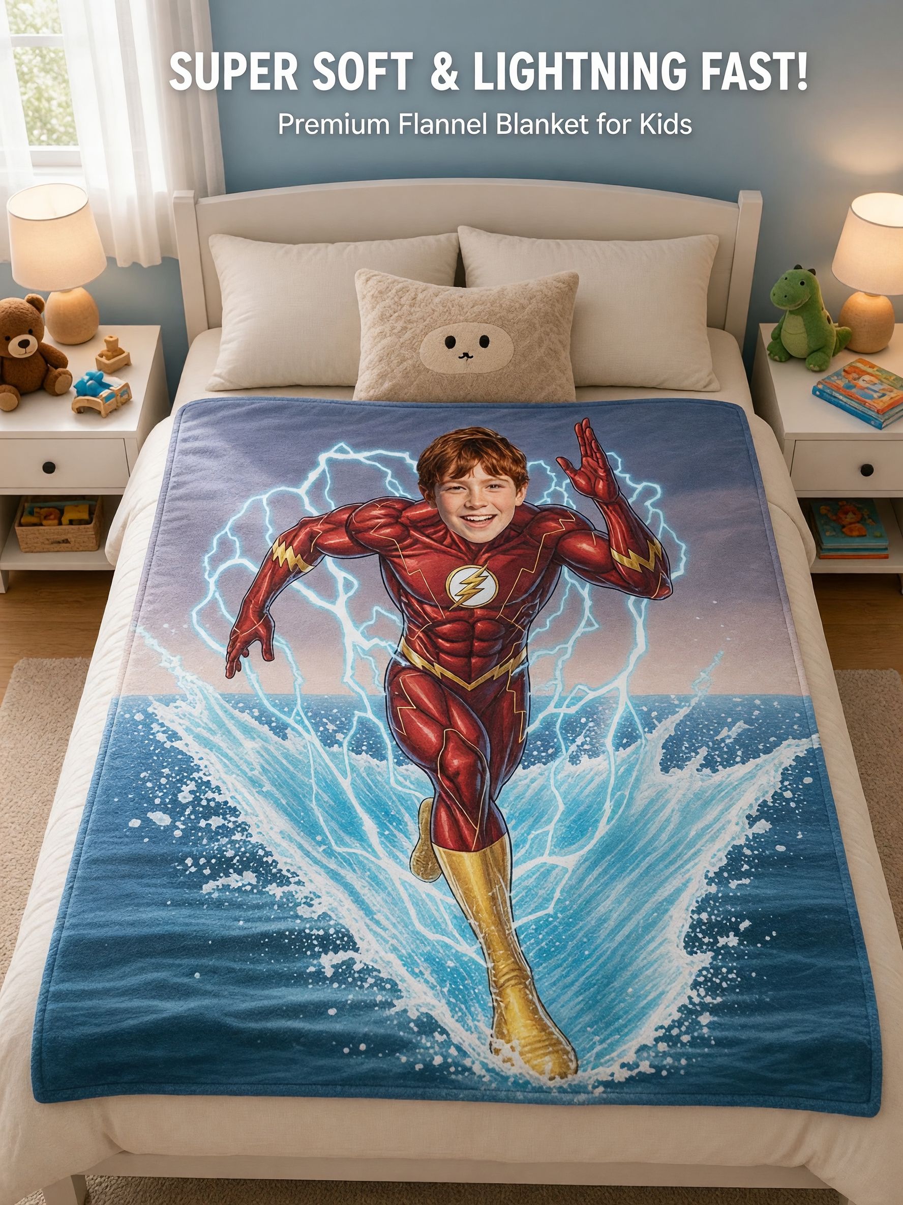 Custom Photo Superhero Flannel Fleece Blanket, Personalized Headshot Throw Blanket for Kids and Adults, Cozy Gift