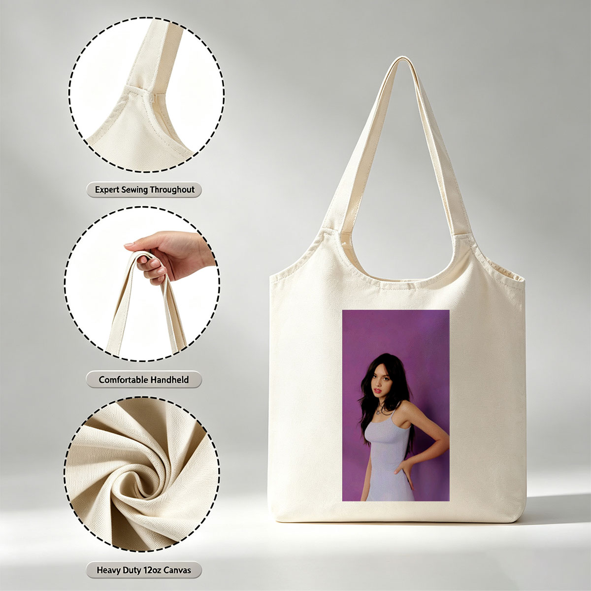 Olivia Rodrigo in a Light Blue Dress Posing Against Purple Background - Canvas shoulder bags/