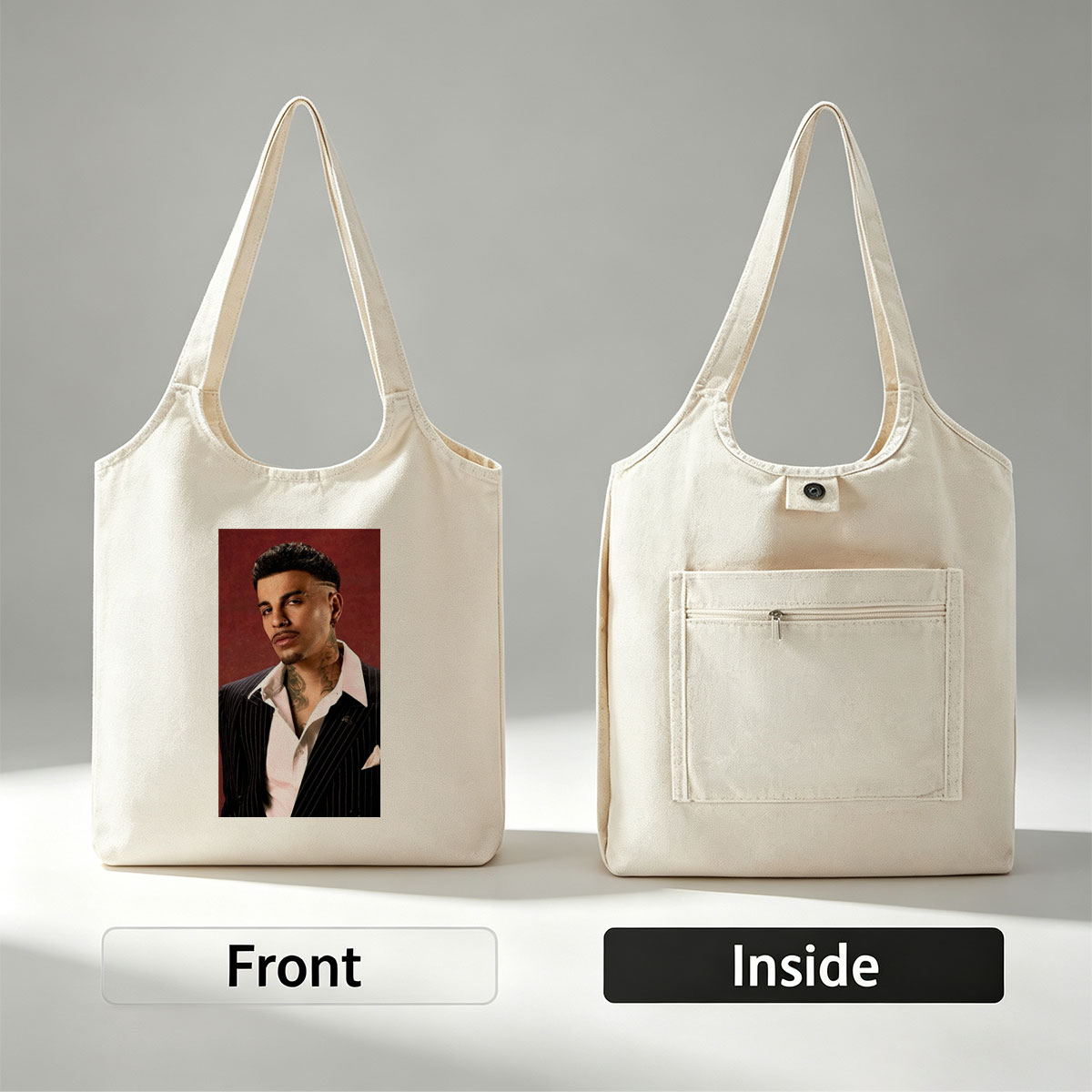 Maluma in a Pinstripe Suit with Visible Neck Tattoos Against a Red Background - Canvas shoulder bags/