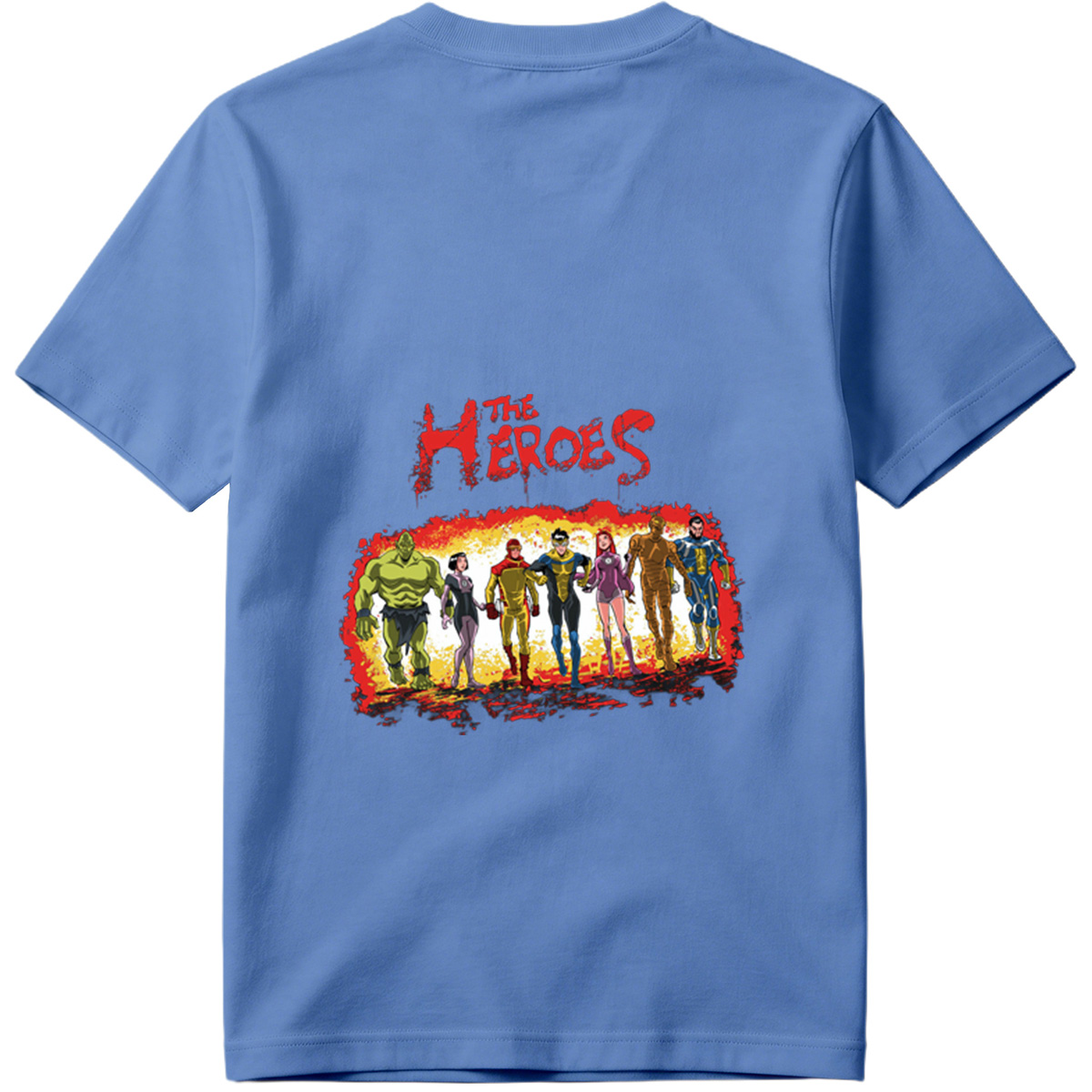 The Heroes: Green Hulk, Black Widow, Red Ranger, Blue Avenger, Pink Warrior, Golden Titan, and Blue Sentinel - Tee