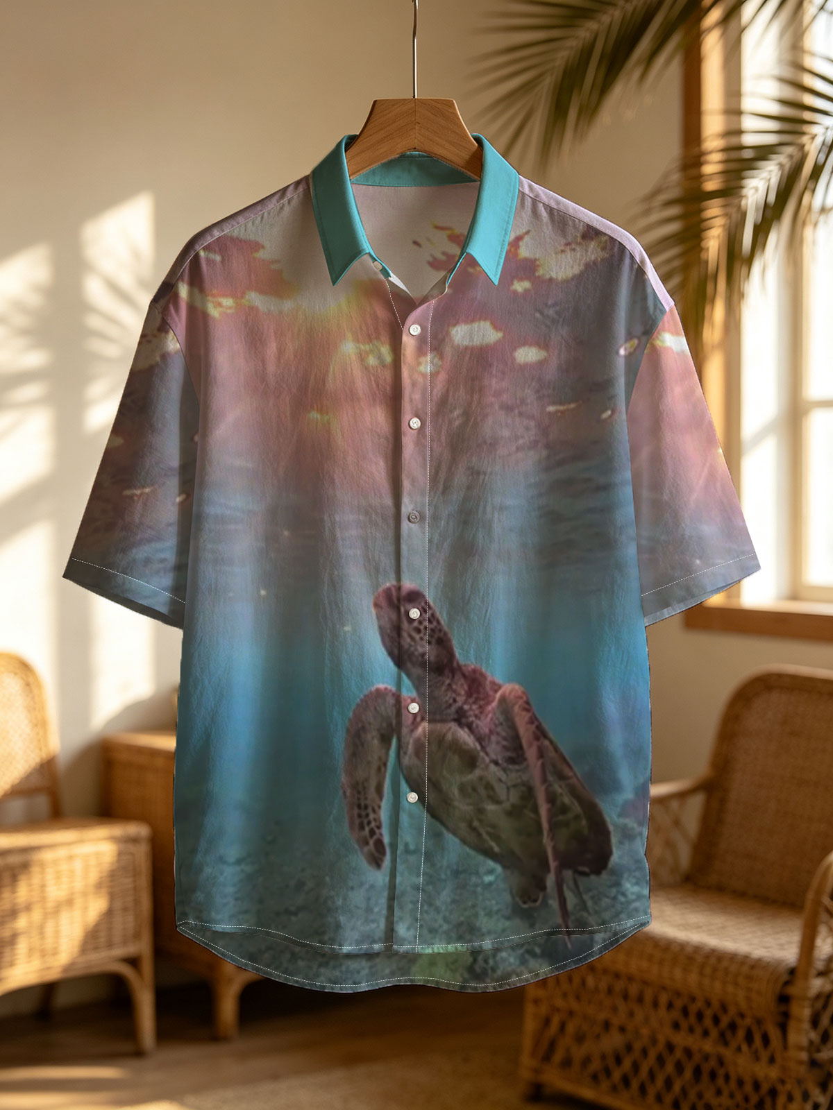 Sea turtle swims gracefully underwater as sunlight filters through the ocean surface. -  Shirt