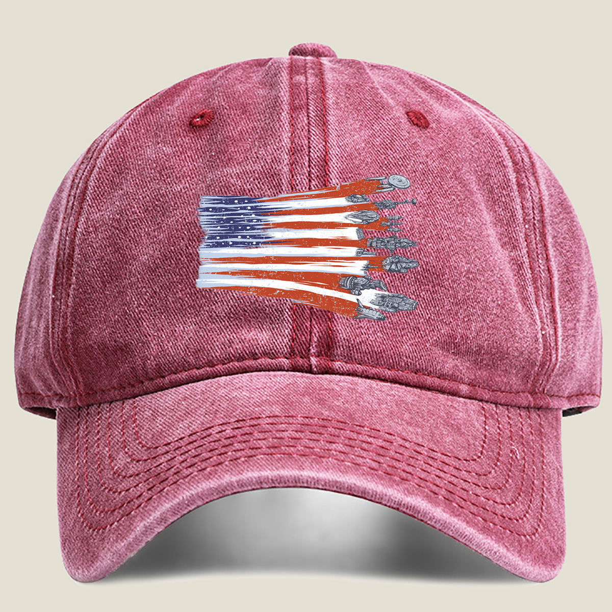 Star Trek and Star Wars Ships in American Flag Design - Washed Denim - Baseball Cap