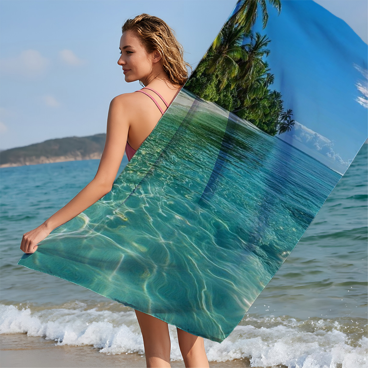 Crystal-clear turquoise waters meet a pristine white sand beach lined with lush palm trees under a bright blue sky. - Beach towels
