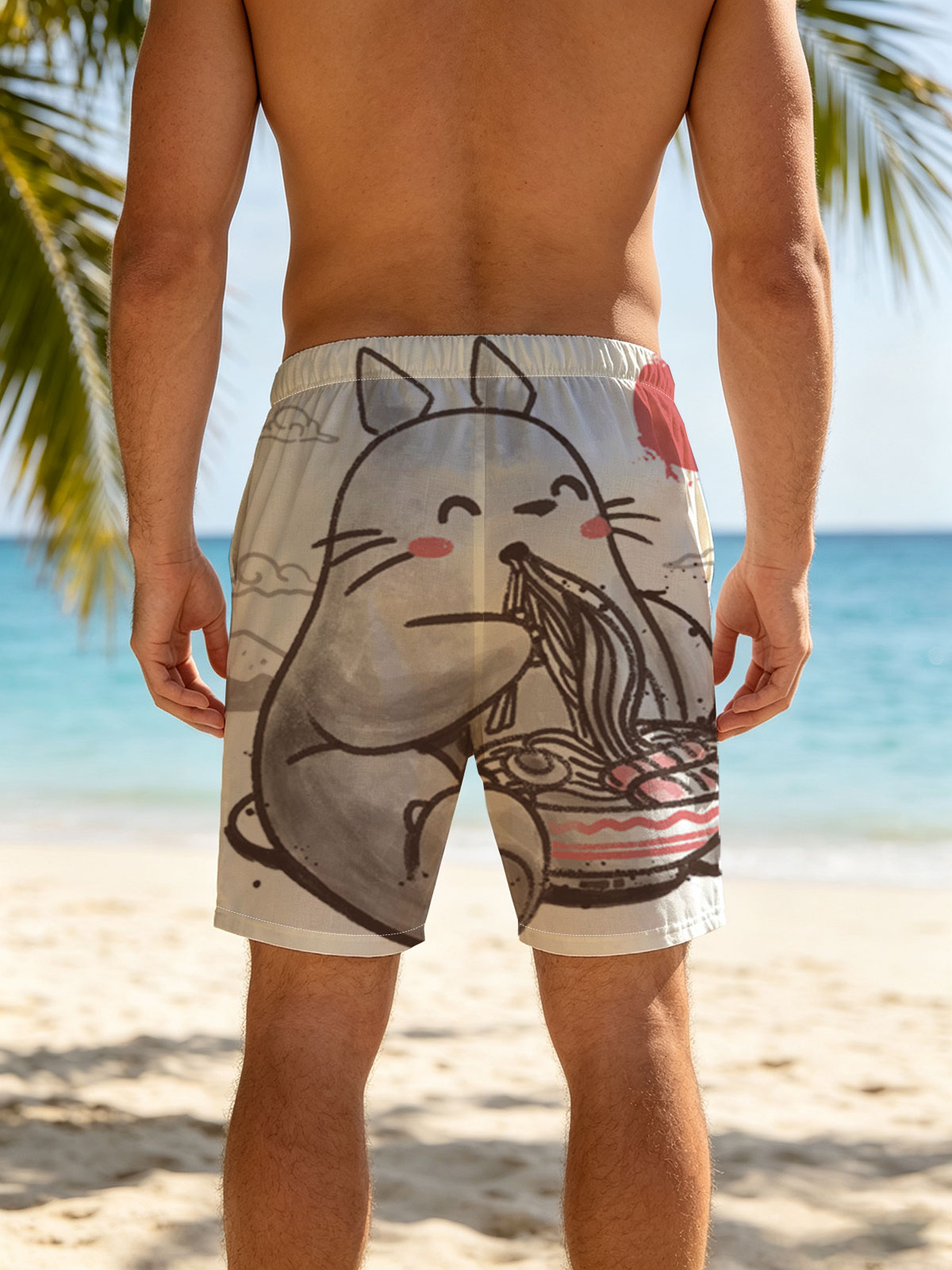 Totoro Enjoying Ramen Under a Red Moon -  Beach shorts