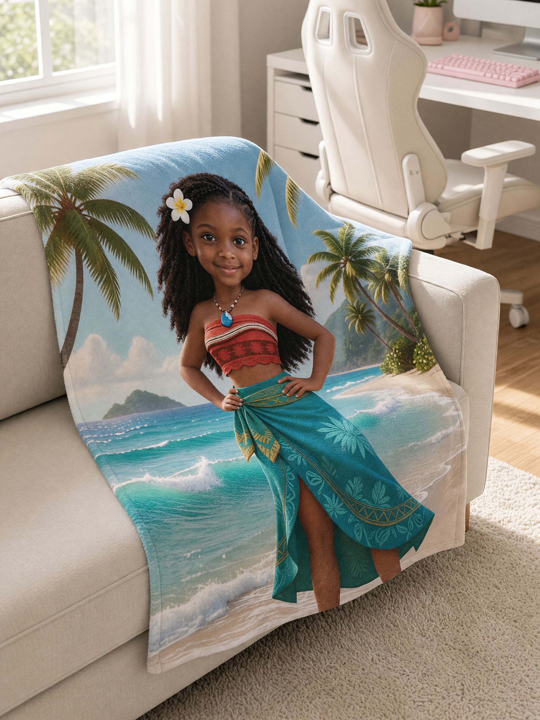 Custom Photo Face Blanket, Personalized Tropical Beach Flannel Throw, Ultra Soft Skin Friendly Fleece Cozy Gift