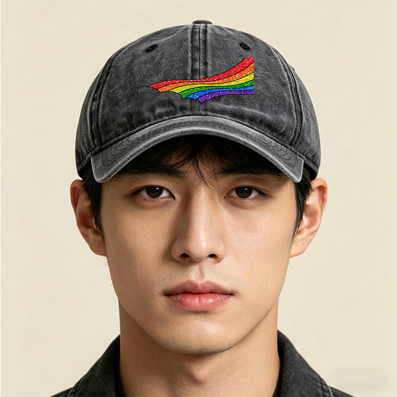 Unisex Classic Washed Cap with Rainbow Glitter Print + Unisex Classic Washed Cap for Outdoor Activities, Festivals, and Casual Wear + Suitable for Adults Who Love Colorful Fashion and Expressive Style