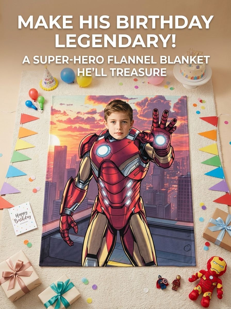 Custom Photo Superhero Flannel Blanket Personalized Soft Throw Fleece Warm Bed Cover Gift for Kids and Family