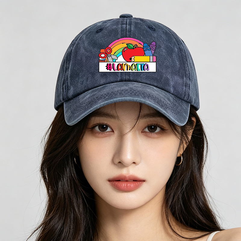 Men's Printed Washed Cap with Rainbow Apple Crayon Design #LAMAAETA Casual Round Neck Summer Lightweight Washed Hat for Outdoor Activities and Daily Wear Adults Unisex Style