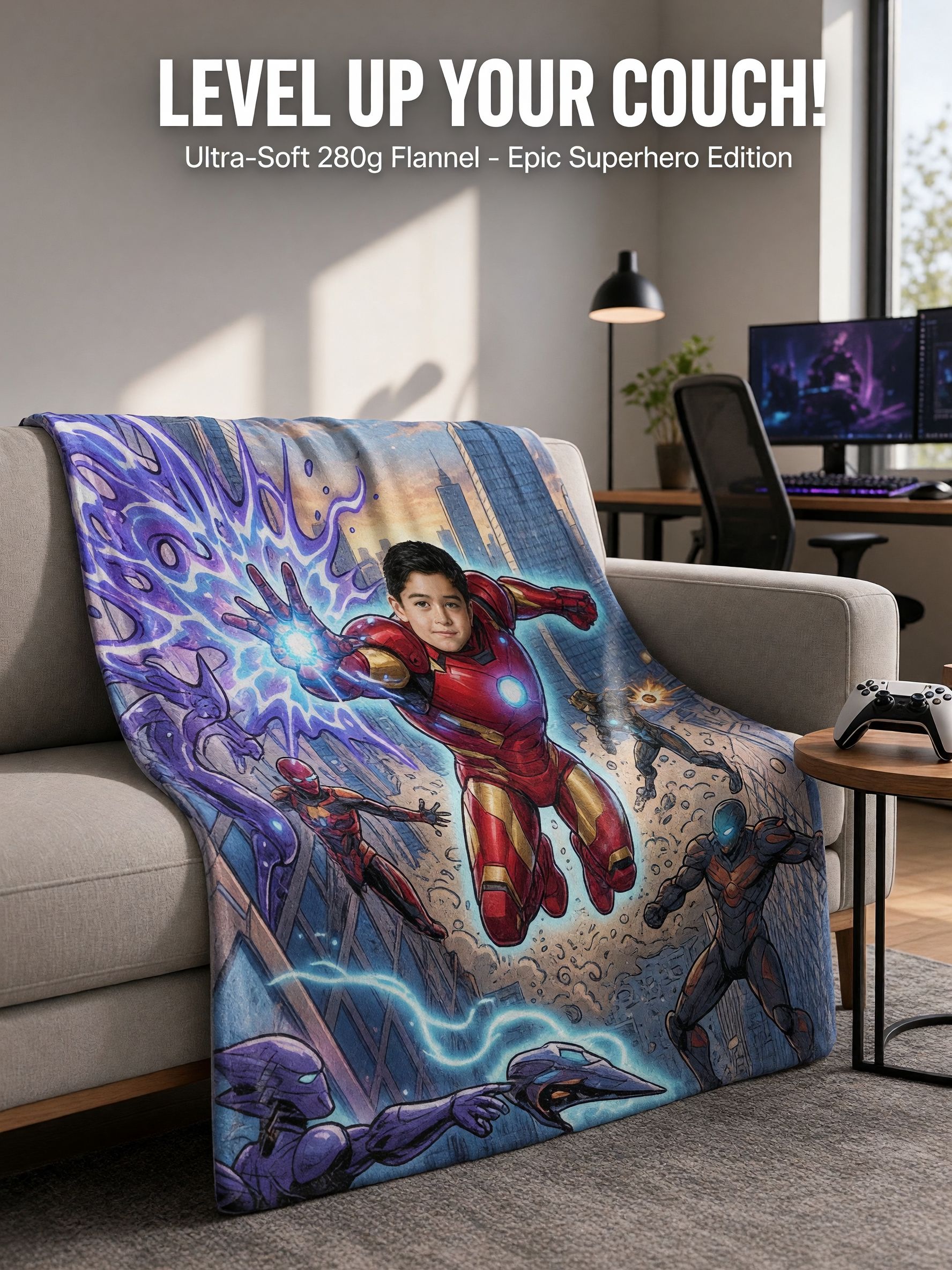 Custom Face Superhero Blanket Personalized Photo Flannel Throw, Soft Cozy Armored Hero Bedding Gift for Boys