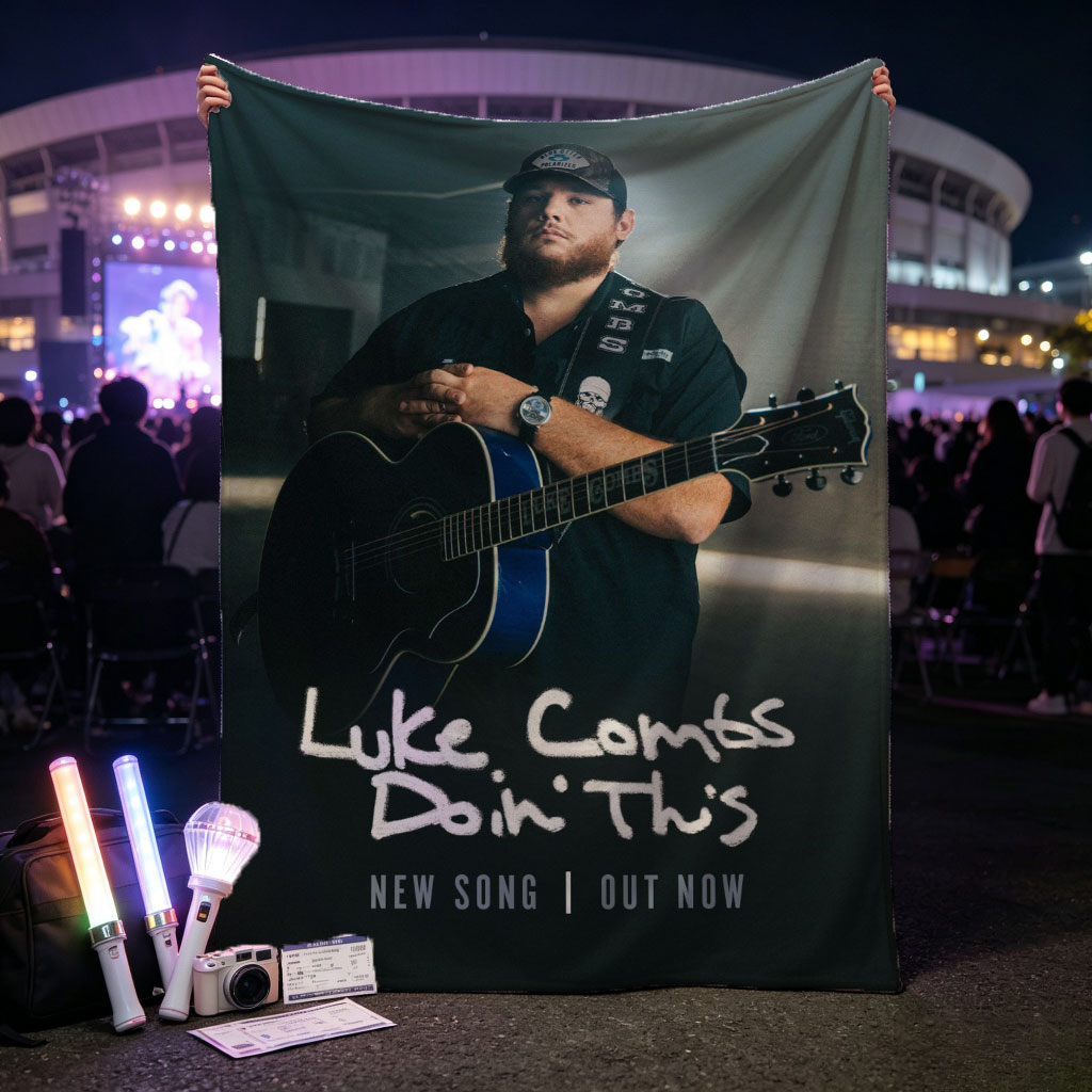 Luke Combs Holding Acoustic Guitar in Dark Studio Setting for New Song Release - Blankets