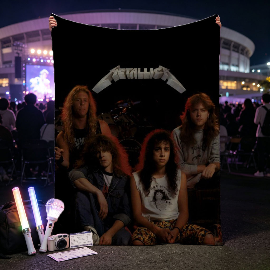 Metallica Band Members in Studio Session with Iconic Logo and Vintage Gear - Blankets