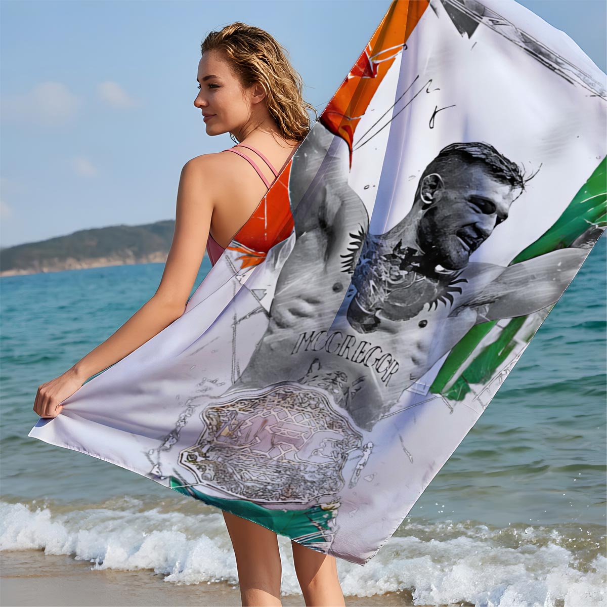 Conor McGregor Celebrates with Irish Flag and UFC Belt - Beach towels