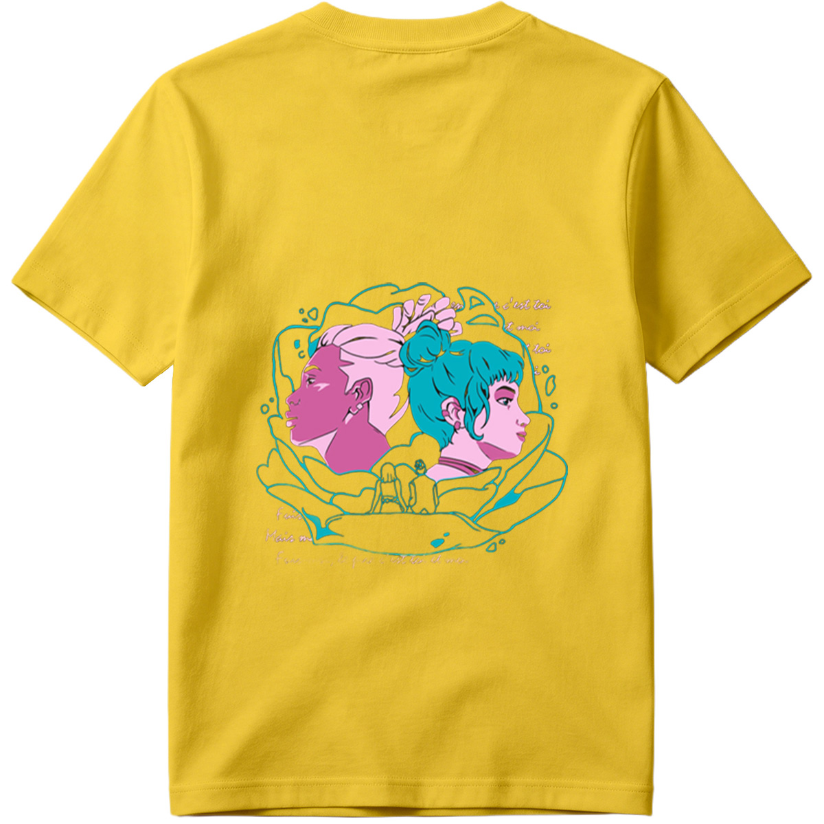 Two Women in Profile: A Stylized Artwork Featuring Pink and Teal Hair with French Text - Tee
