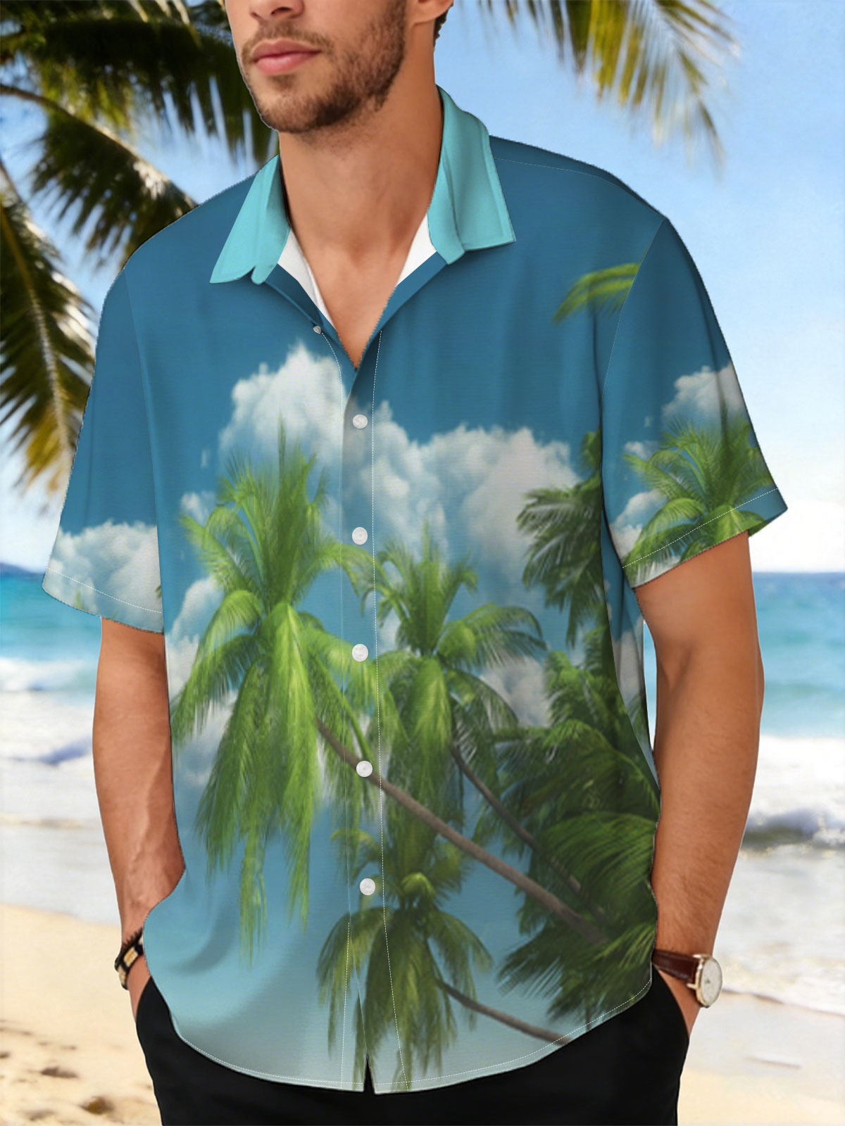 Tropical Beach with Palm Trees and Clear Blue Sky -  Shirt
