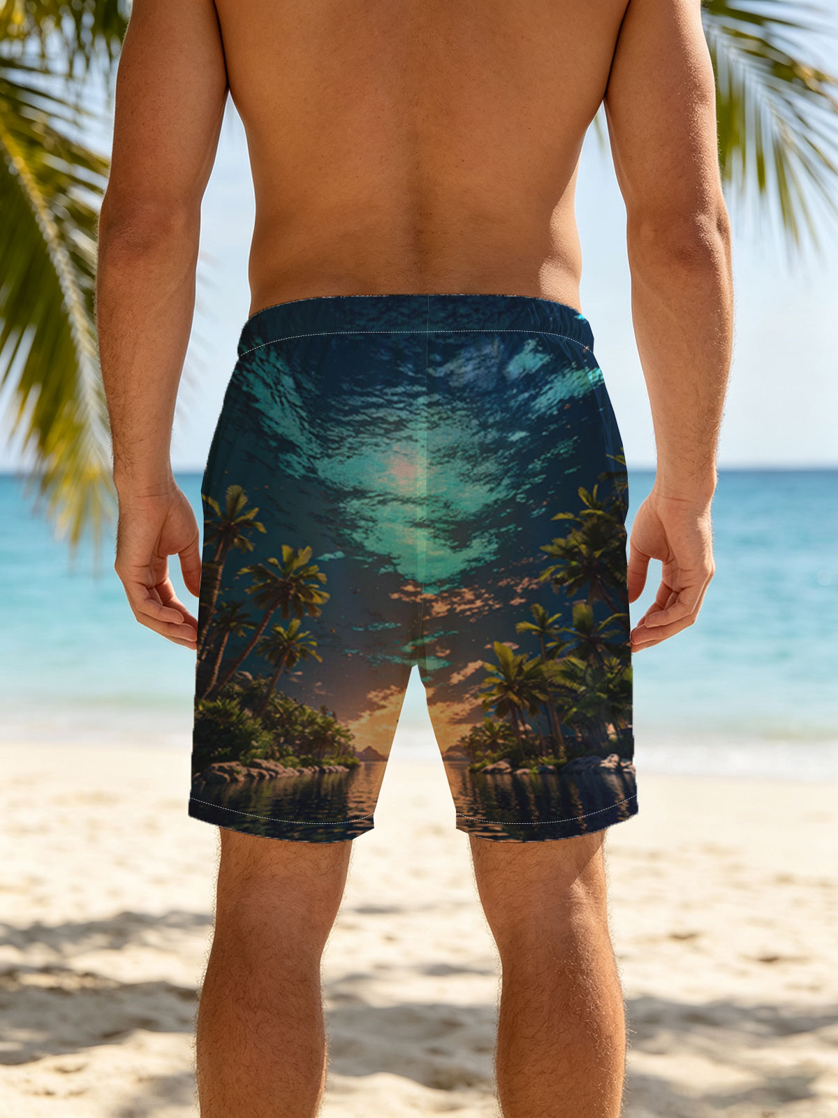 Man stands on water under surreal sky, surrounded by palm trees at twilight -  Beach shorts