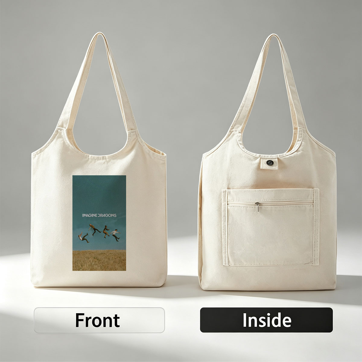 Imagine Dragons Band Members Jumping in a Field Under Blue Sky - Canvas shoulder bags/