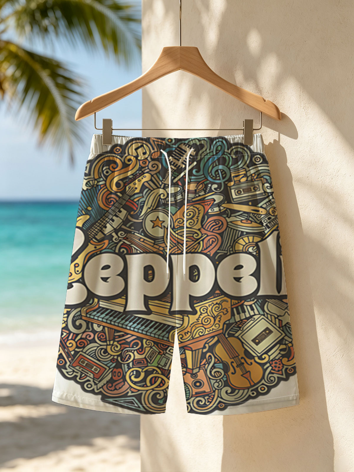 Led Zeppelin: Rock Icons and Musical Instruments Artwork -  Beach shorts