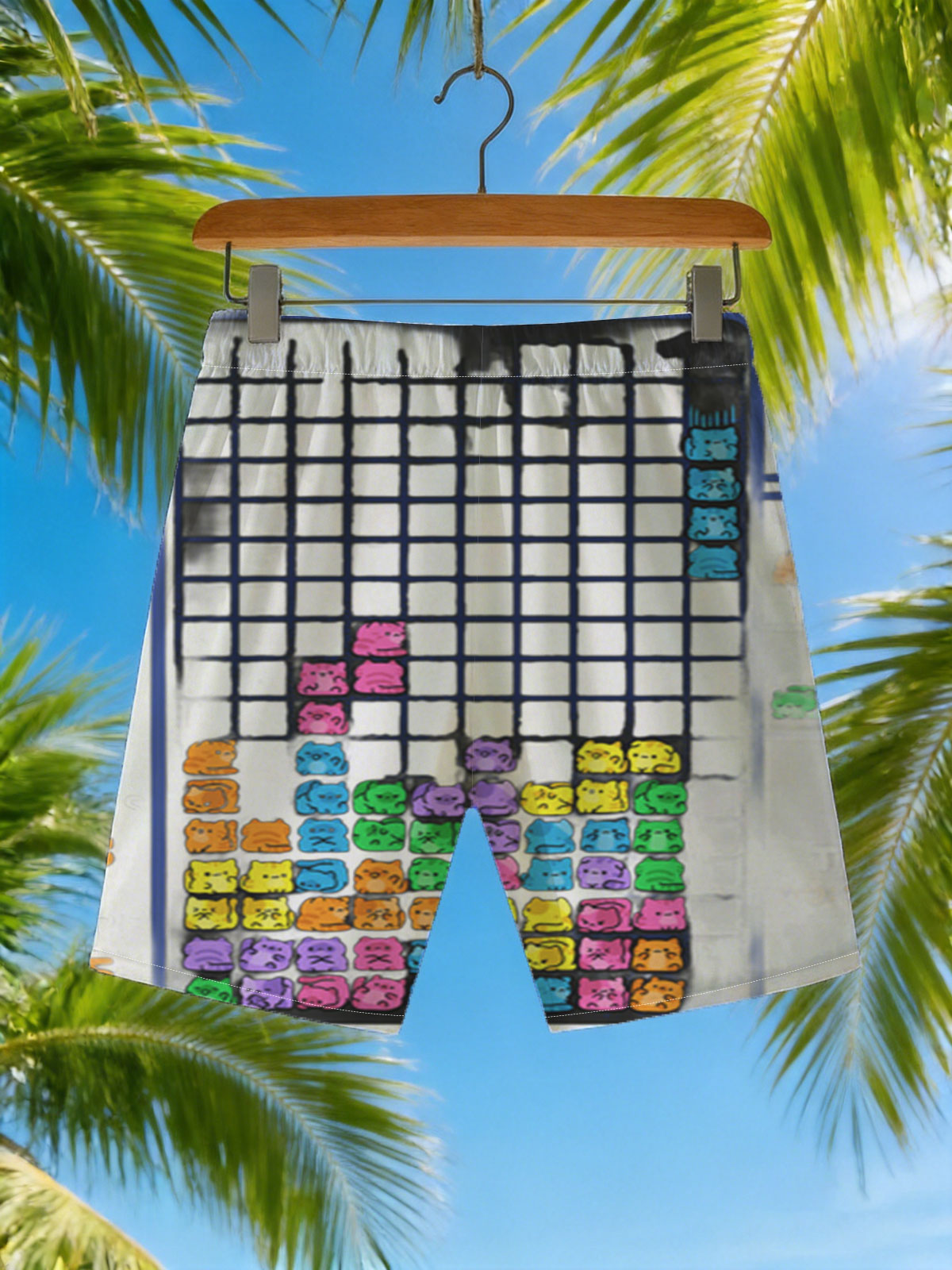Cat Tetris Game Level 9 with Colorful Feline Blocks and Next Piece Preview -  Beach shorts
