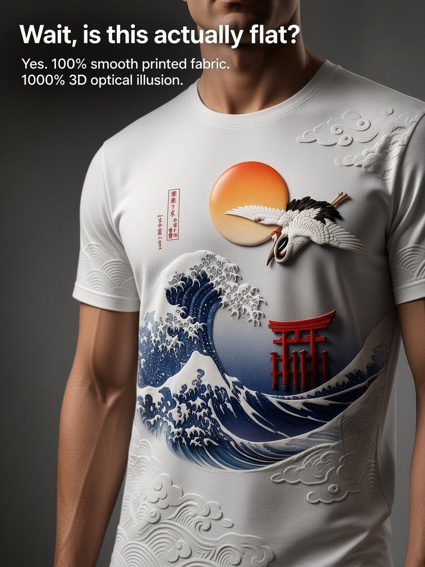 Japanese Wave Crane 3D Optical Illusion Graphic Tee, Breathable Athletic Mesh T-Shirt for Casual and Sports Wear