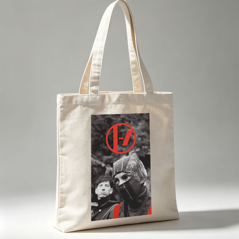 Linkin Park Band Member in Black and White with Red Logo and Balaclava Scene - Canvas tote bags