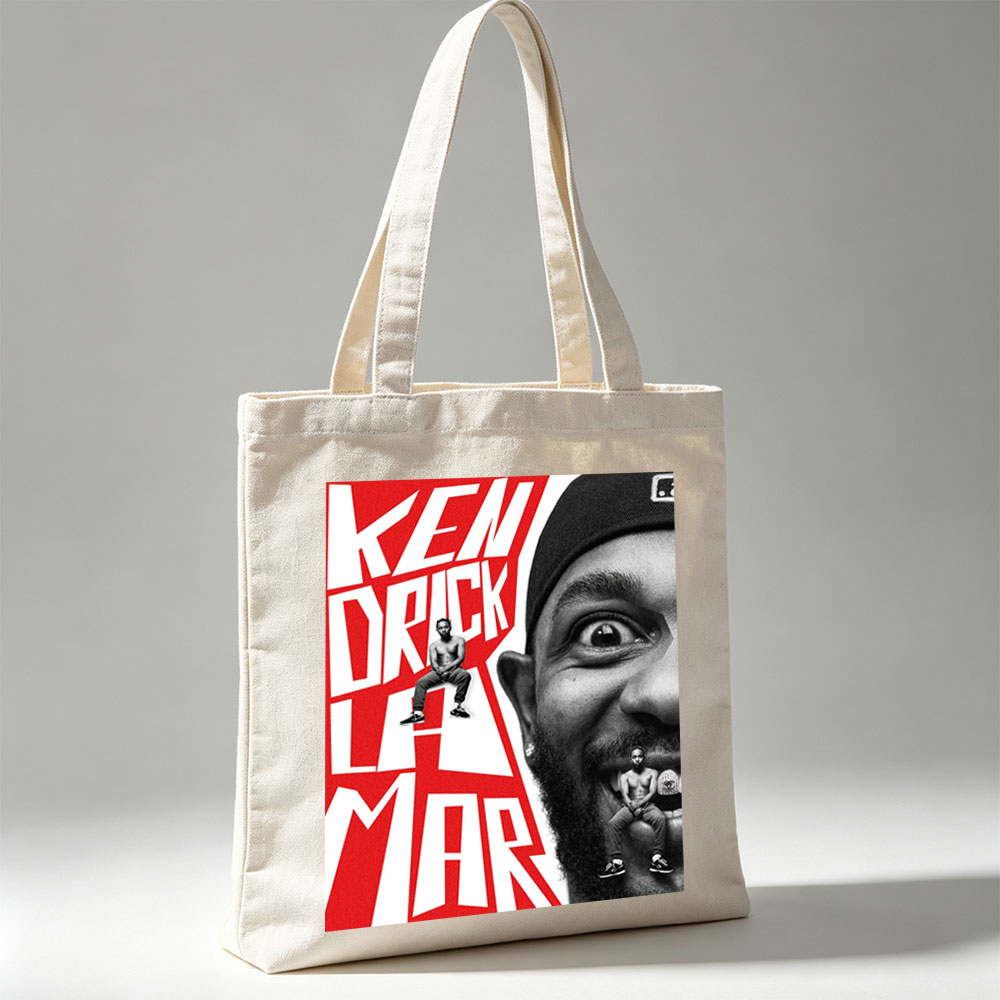 Ken Duck La Mar - Bold Red Text and Black-and-White Portrait with Miniature Figures on Face and Lettering - Canvas tote bags