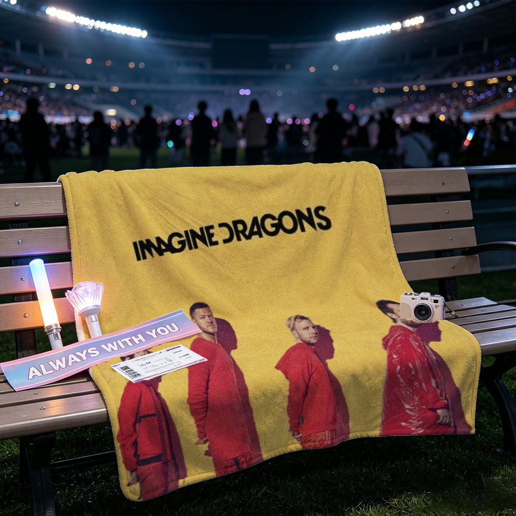 Imagine Dragons Standing in Red Outfits Against a Yellow Background - Blankets