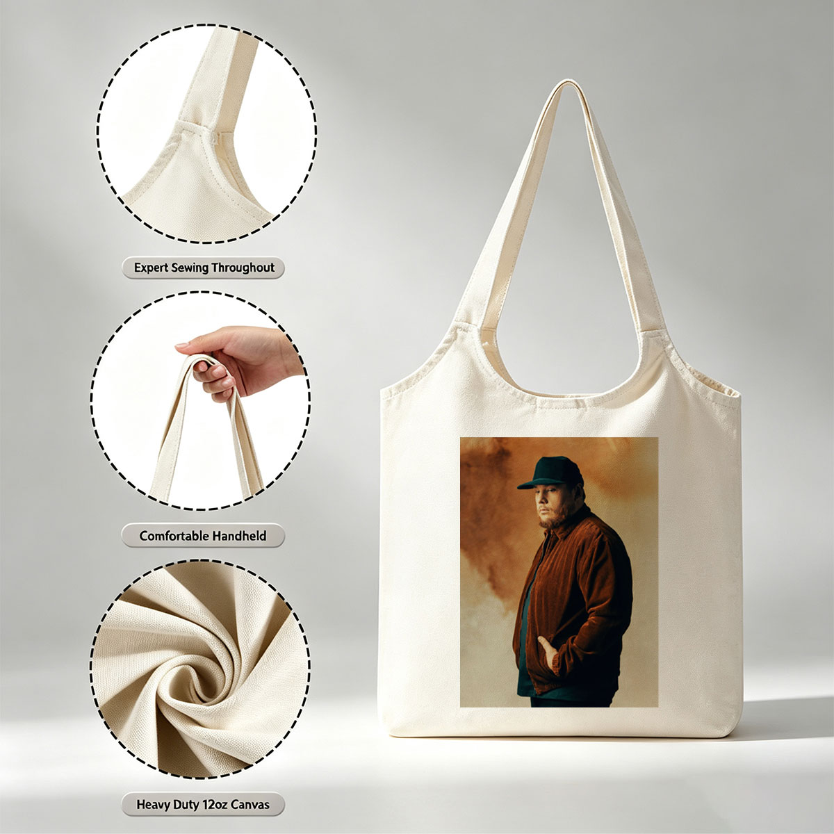 Luke Combs in a Studio Portrait Wearing a Brown Corduroy Jacket and Black Cap - Canvas shoulder bags/