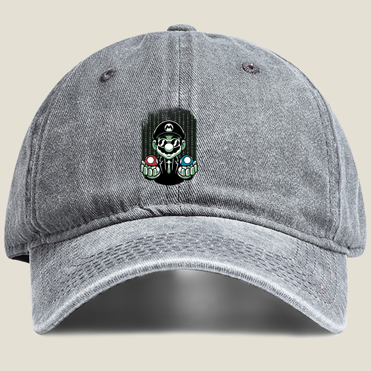 Mario in Matrix Code with Red and Blue Mushrooms - Washed Denim - Baseball Cap