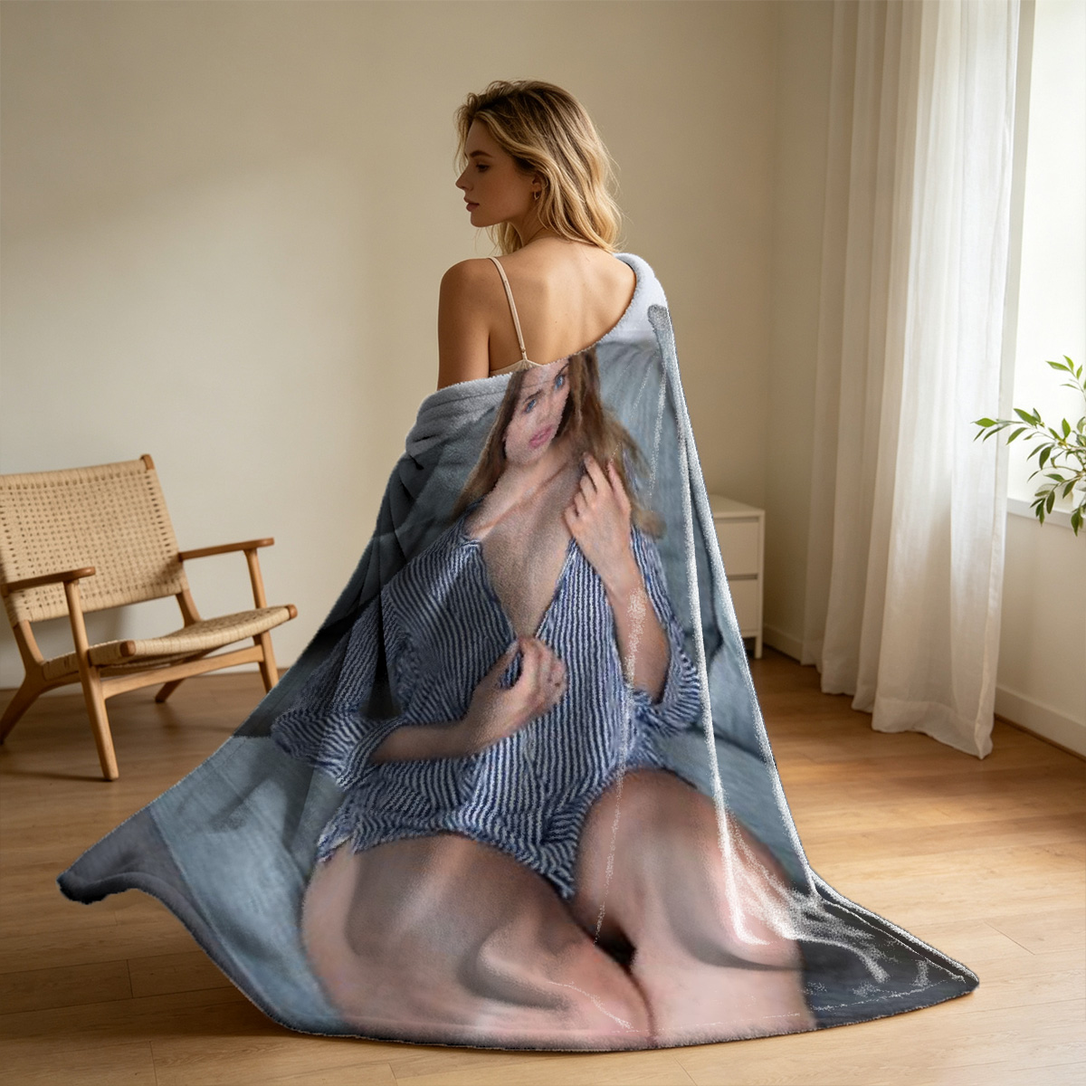 Nude woman with long blonde hair posing seductively in a brown velvet armchair. - Blanket