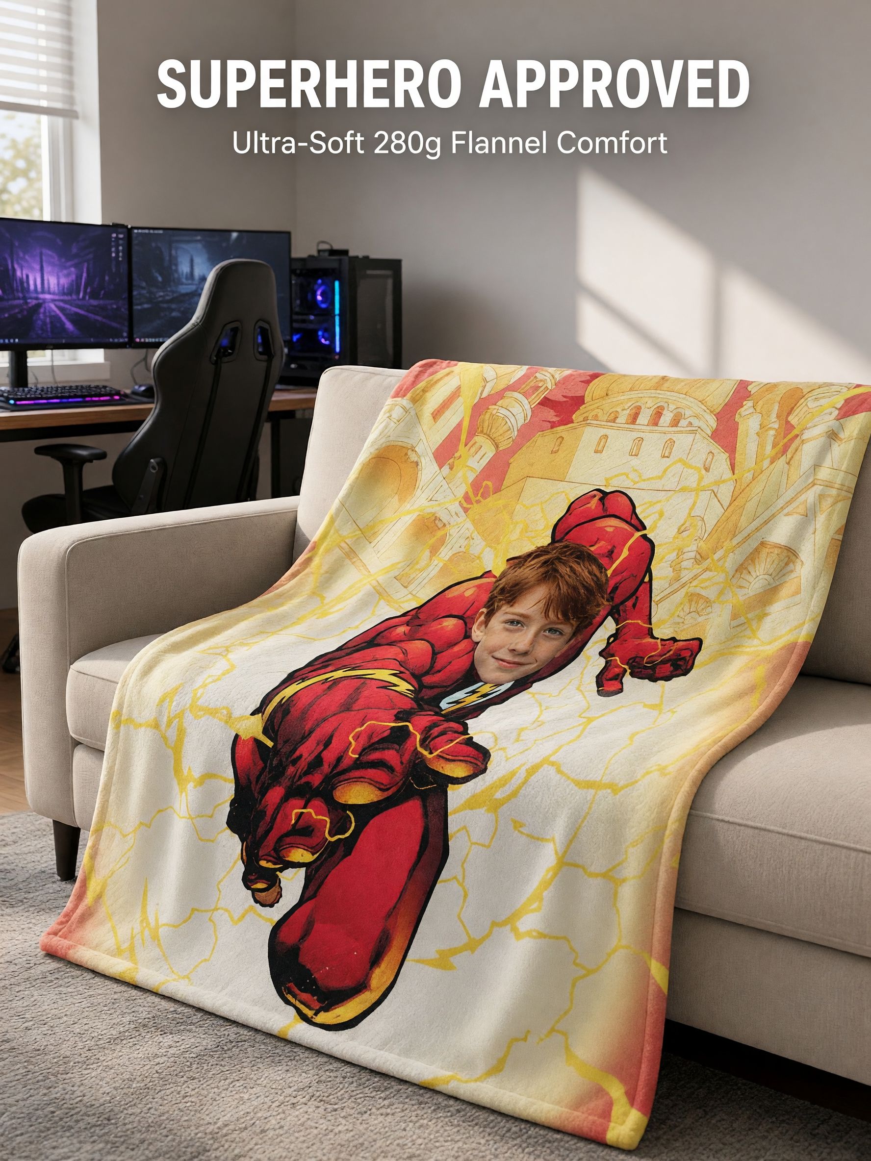 Custom Superhero Photo Face Blanket Ultra Soft Flannel Throw Personalized Comic Gift for Kids Couch Bed