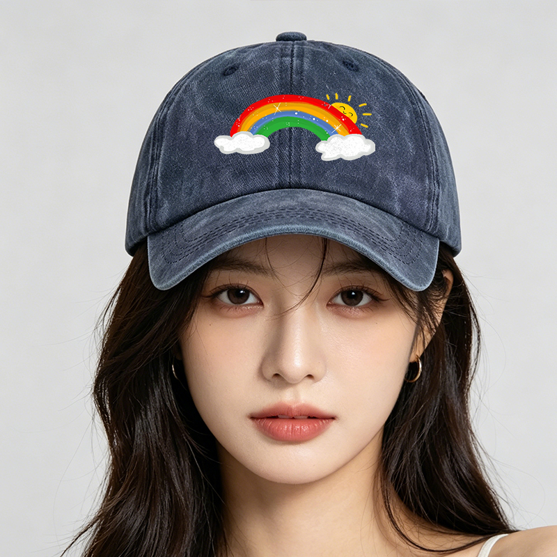 Men's Rainbow Print Washed Cotton Cap with Sunny Cloud Design Lightweight Casual Round Brim Summer Hat for Outdoor Activities and Daily Wear Adults Unisex Streetwear Fashion Accessory