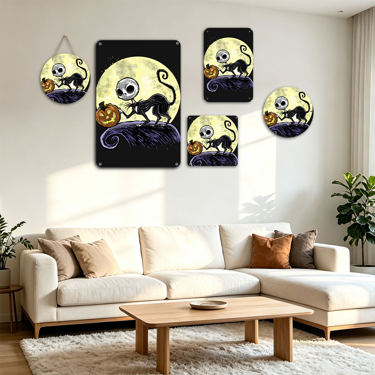 Jack Skellington from The Nightmare Before Christmas holding a pumpkin against a full moon - painting