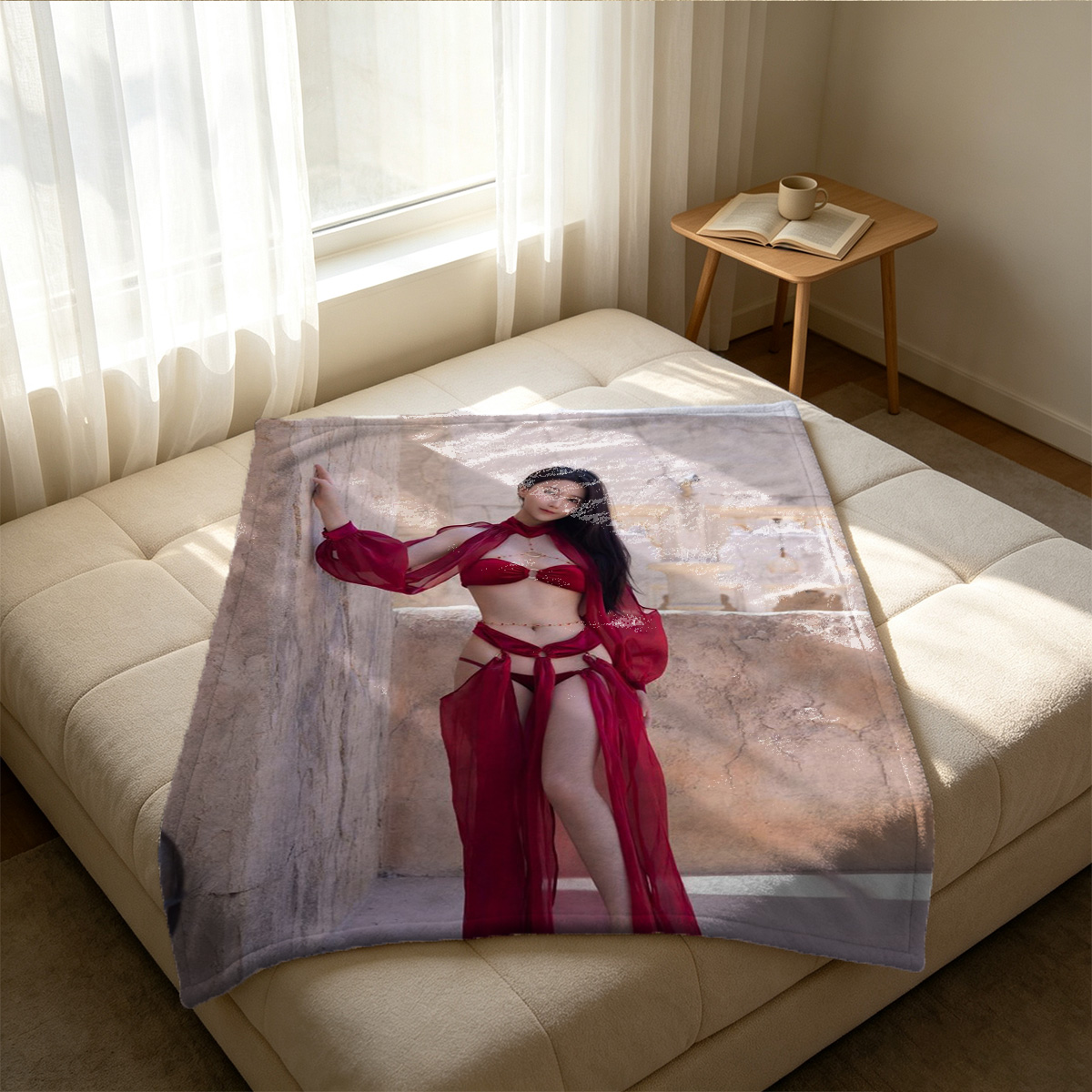 Nude Back View of Asian Beauty in Pink Thong by Night Window - Blanket
