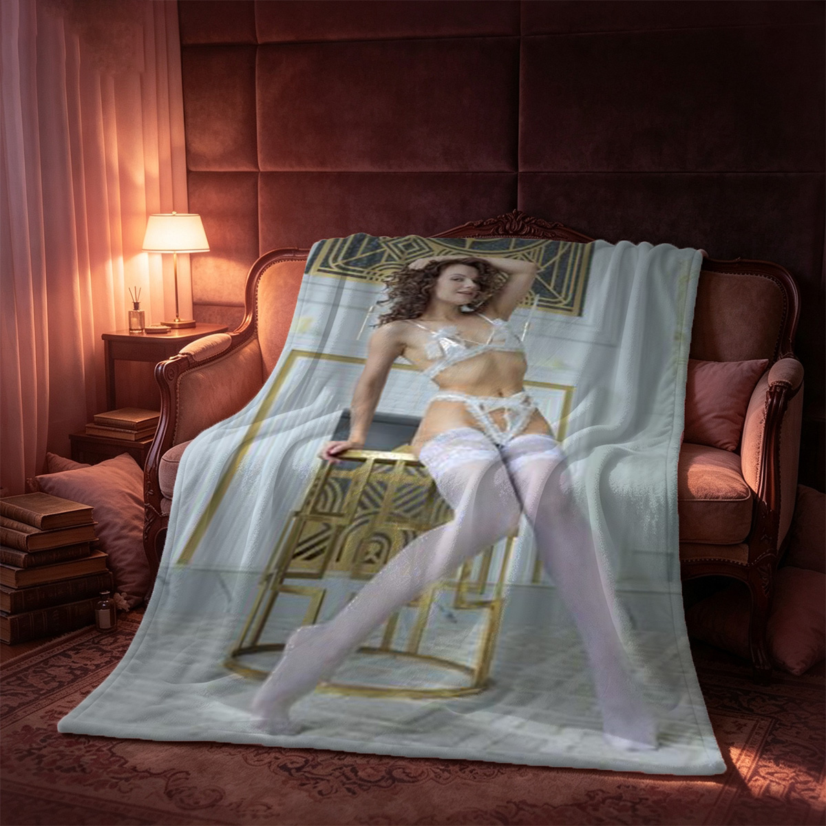 A young woman in a floral strapless one-piece swimsuit posing on a purple vintage sofa. - Blanket