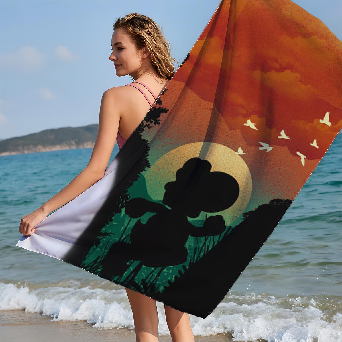 Mickey Mouse Silhouette at Sunset with Birds Flying - Beach towels