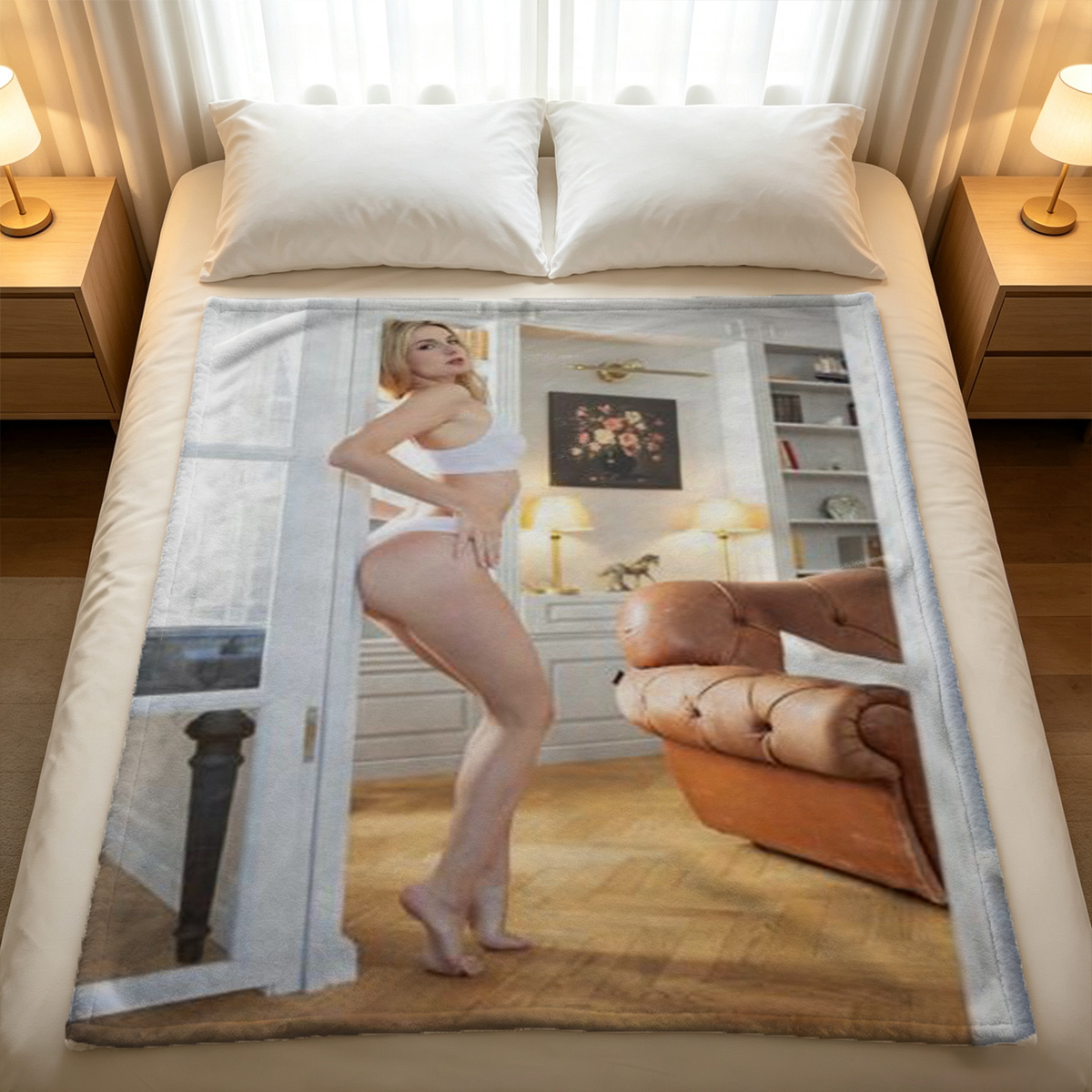 Auburn-haired woman in white lace lingerie posing on bed - Blanket