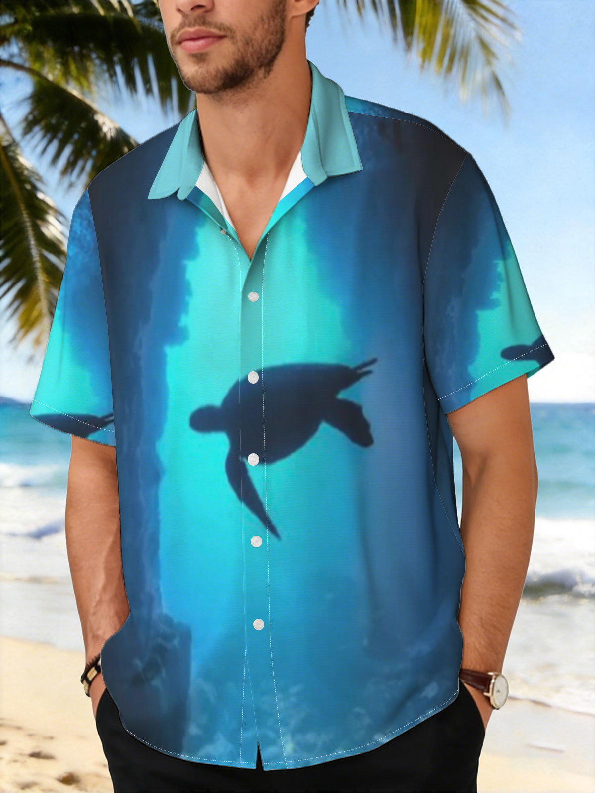 Sea turtle glides through a sunlit underwater cave. -  Shirt