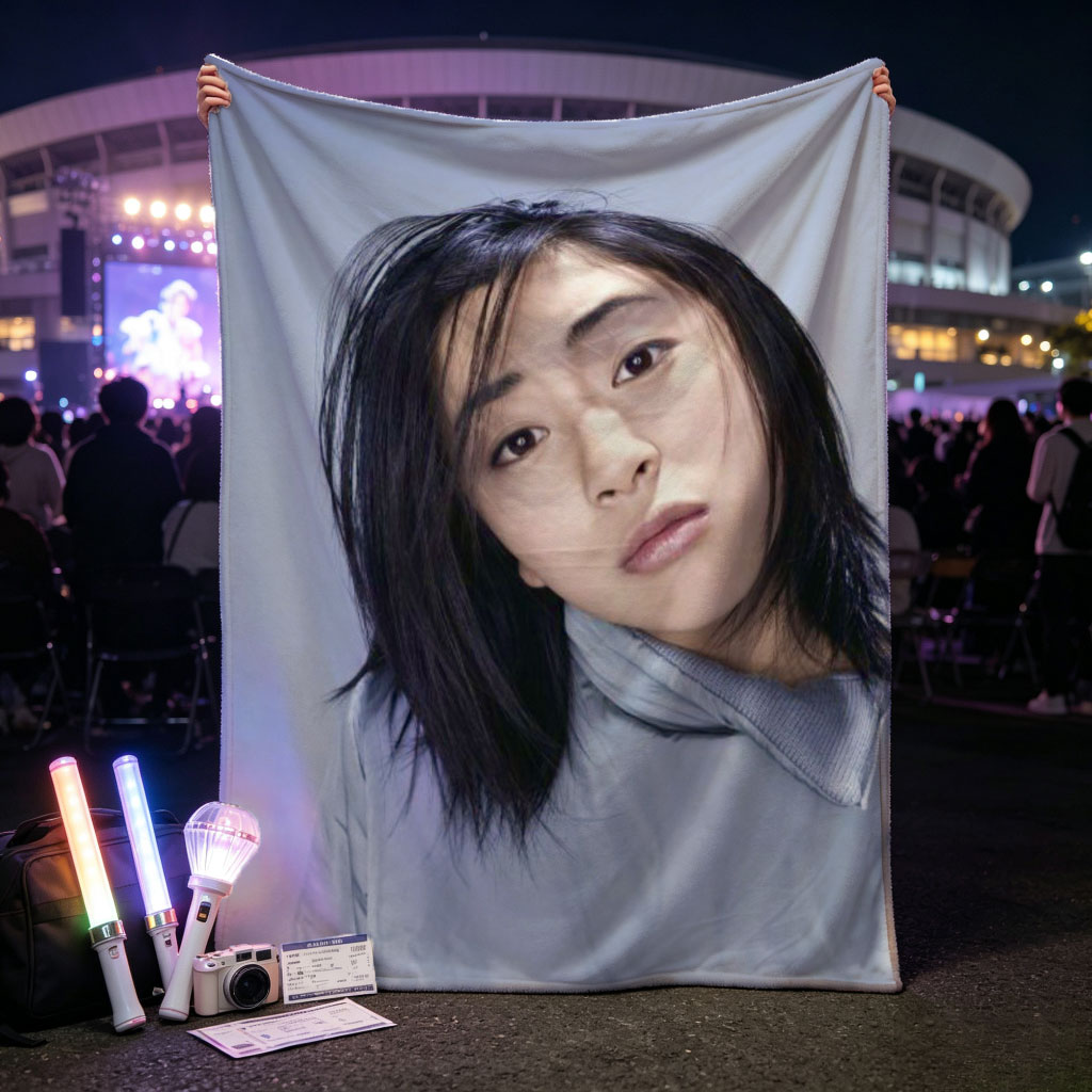 Yuki Kajiura in a Serene Portrait Wearing a Light Blue Collared Shirt Against a Soft Gray Background - Blankets