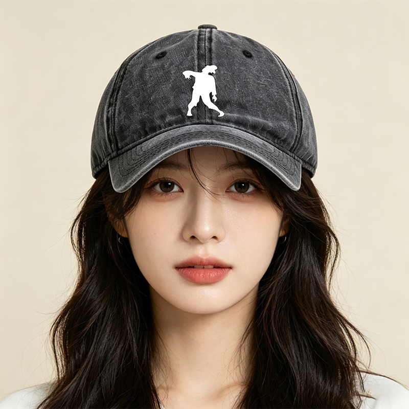 Unisex Classic Washed Cotton Hat with Zombie Silhouette Print – Perfect for Halloween, Outdoor Adventures, and Casual Wear – Ideal for Teens and Adults Seeking Unique Streetwear Style