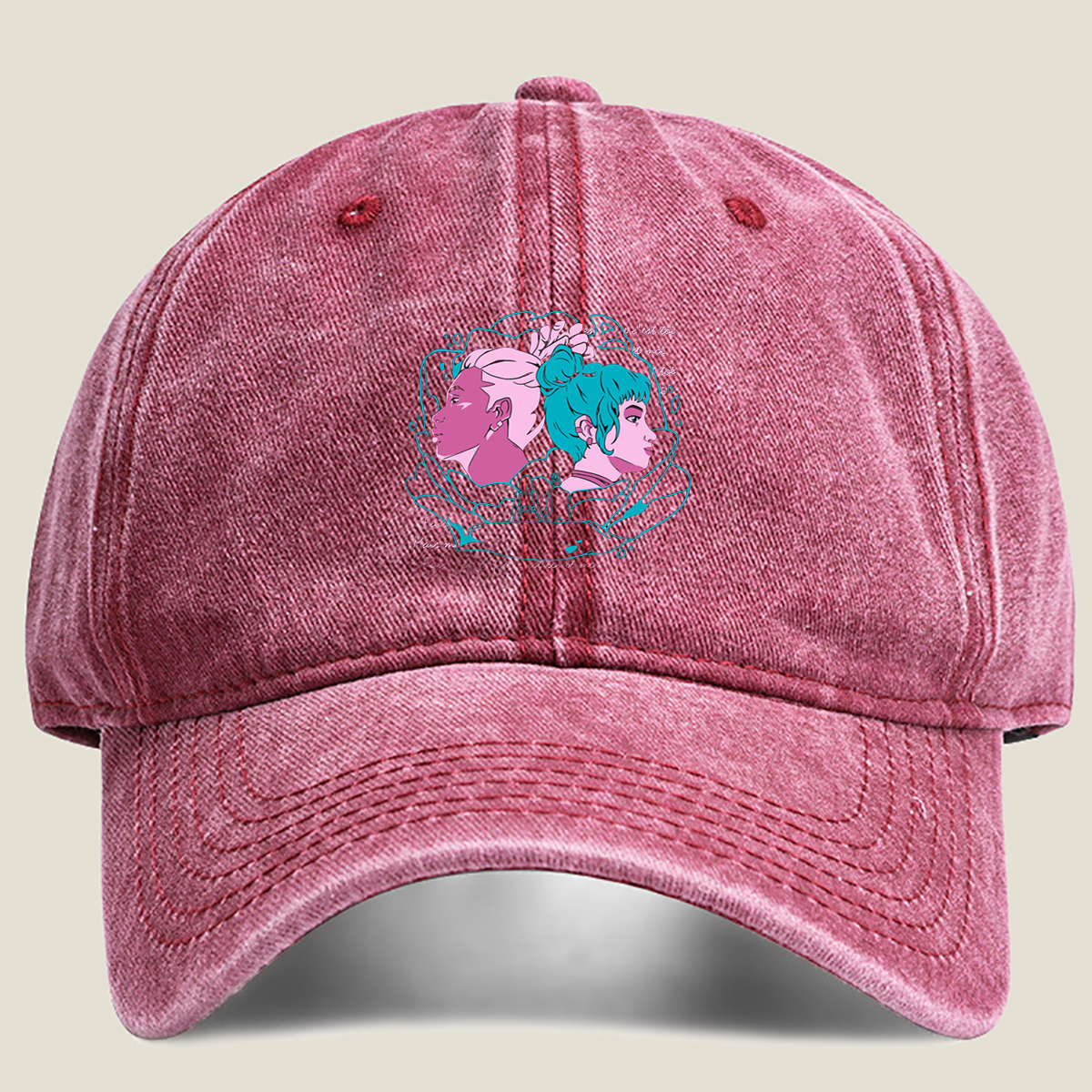Two Women in Profile: A Stylized Artwork Featuring Pink and Teal Hair with French Text - Washed Denim - Baseball Cap