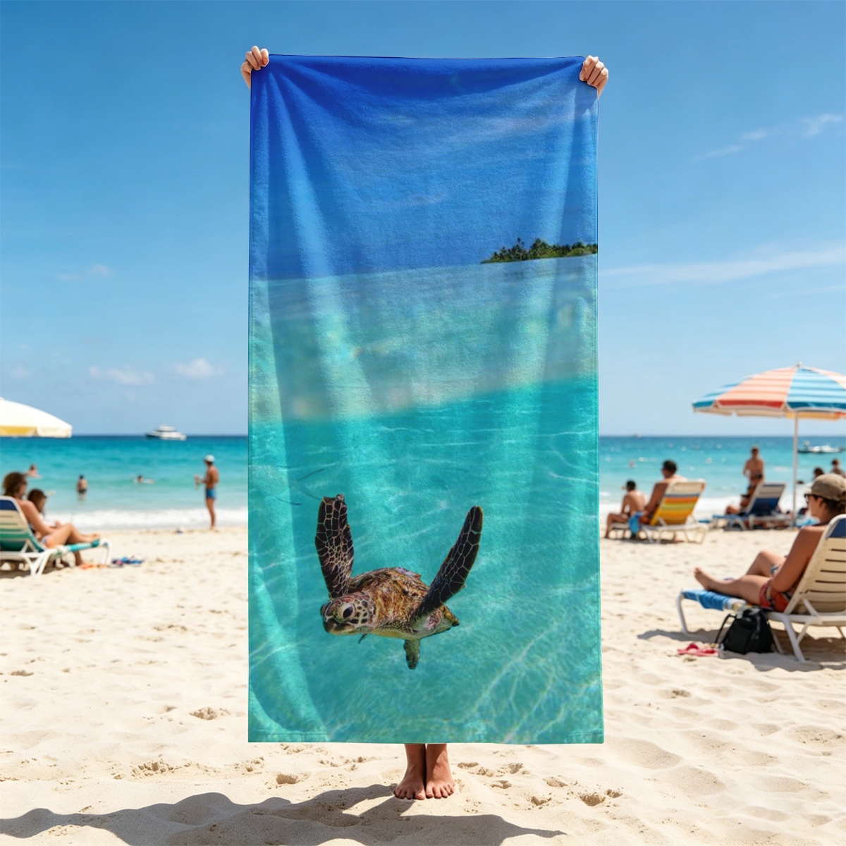 Sea turtle swims in crystal-clear turquoise waters near a tropical island. - Beach towels