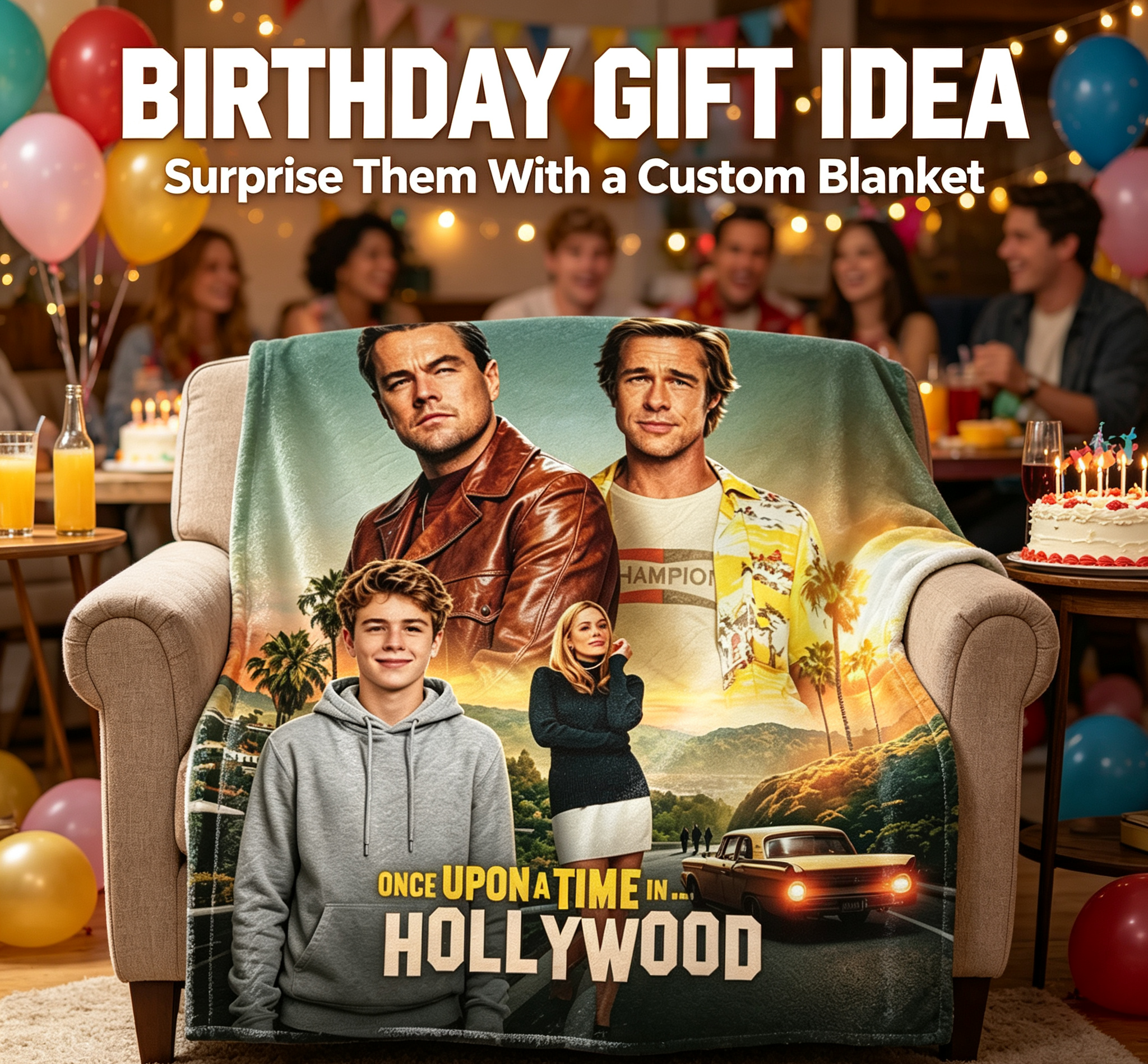 Custom Face Blanket Once Upon a Time in Hollywood Movie Characters Flannel Blanket Perfect for Couch or Bed Comfort Ideal Gift for Film Fans and Movie Lovers