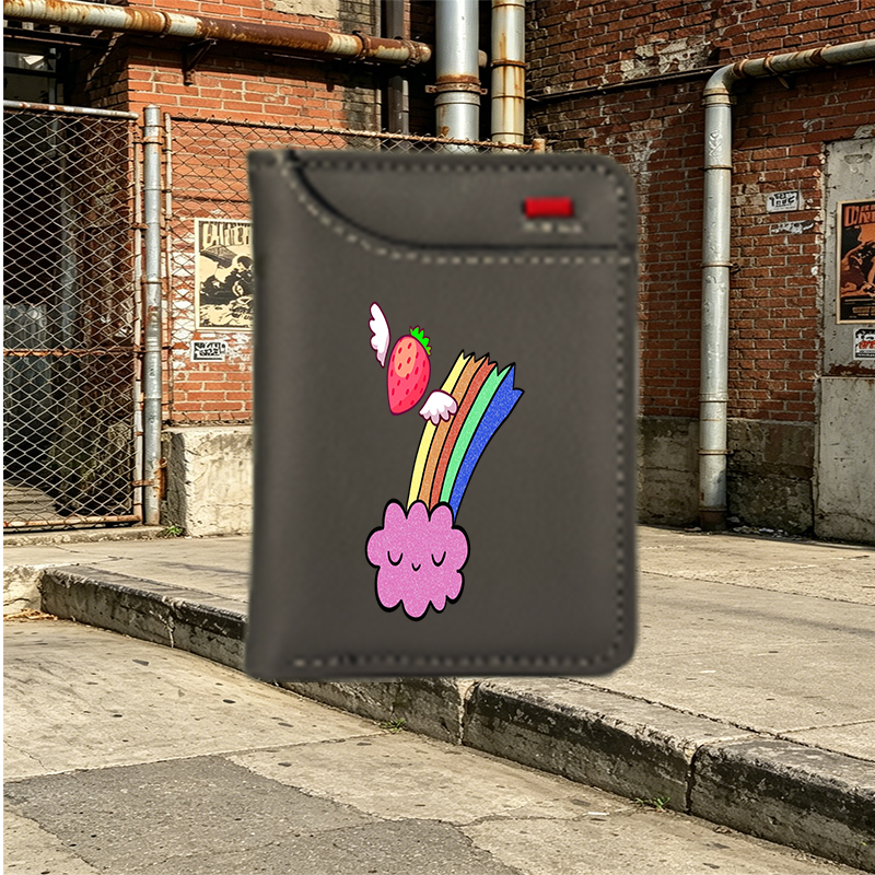 Unisex Vertical Wallet with Strawberry Wings and Rainbow Cloud Print | Cute Glitter Design for Everyday Use, Perfect for Students, Teens, and Young Adults Who Love Whimsical Fashion Accessories